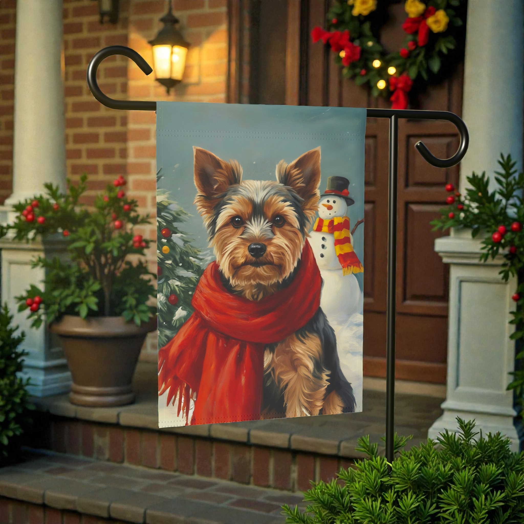 Red Scarf Yorkshire Terrier Christmas Garden Flag - front view - Dragonfire Gardens
