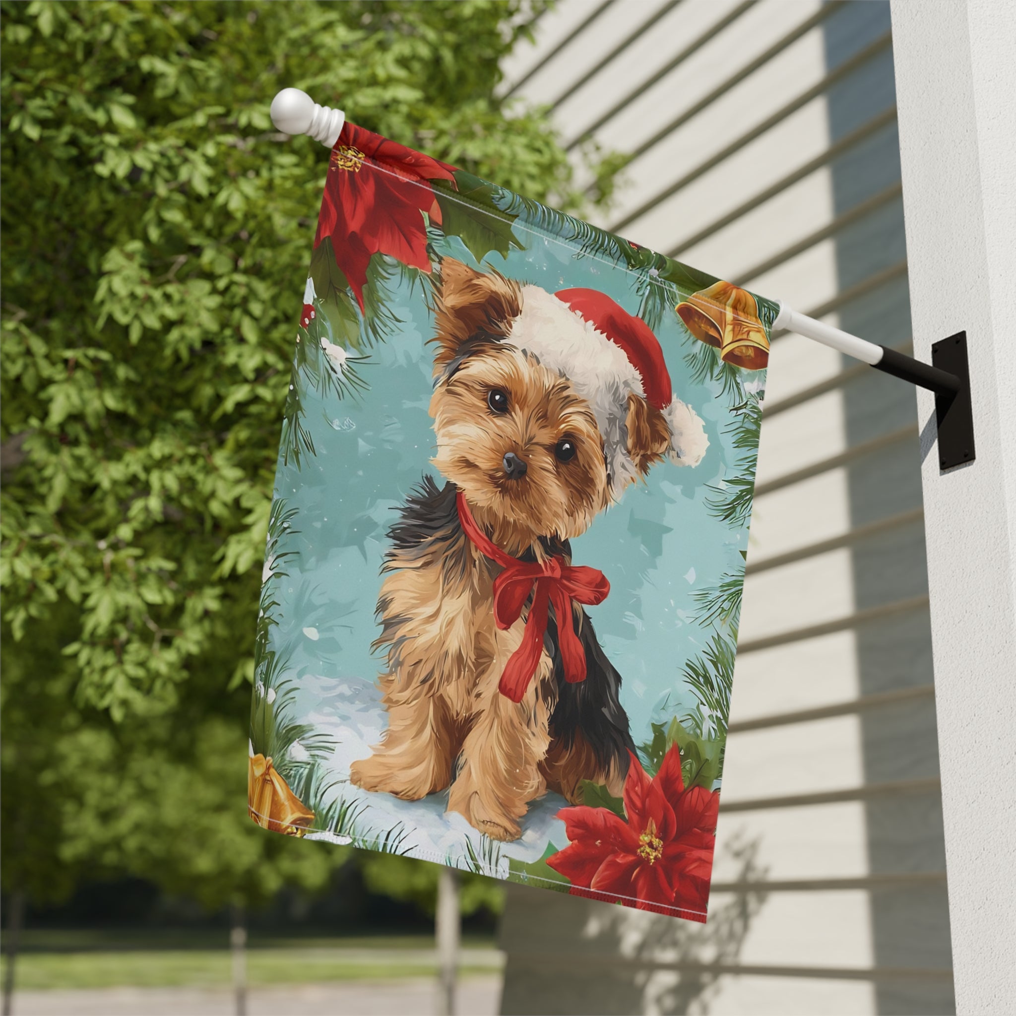 Poinsettia and Bells Yorkshire Terrier Christmas Garden Flag - close-up detail - Dragonfire Gardens