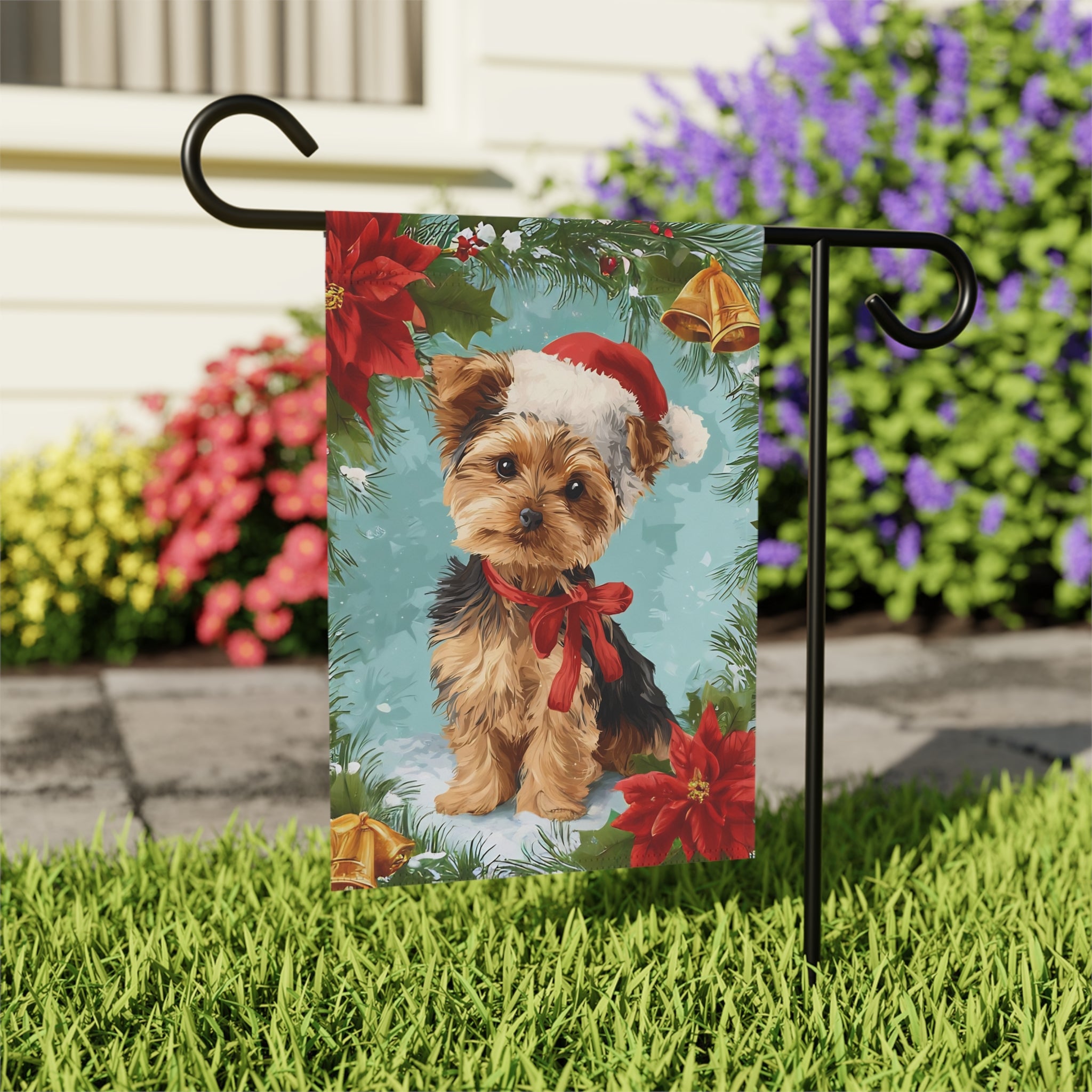 Poinsettia and Bells Yorkshire Terrier Christmas Garden Flag