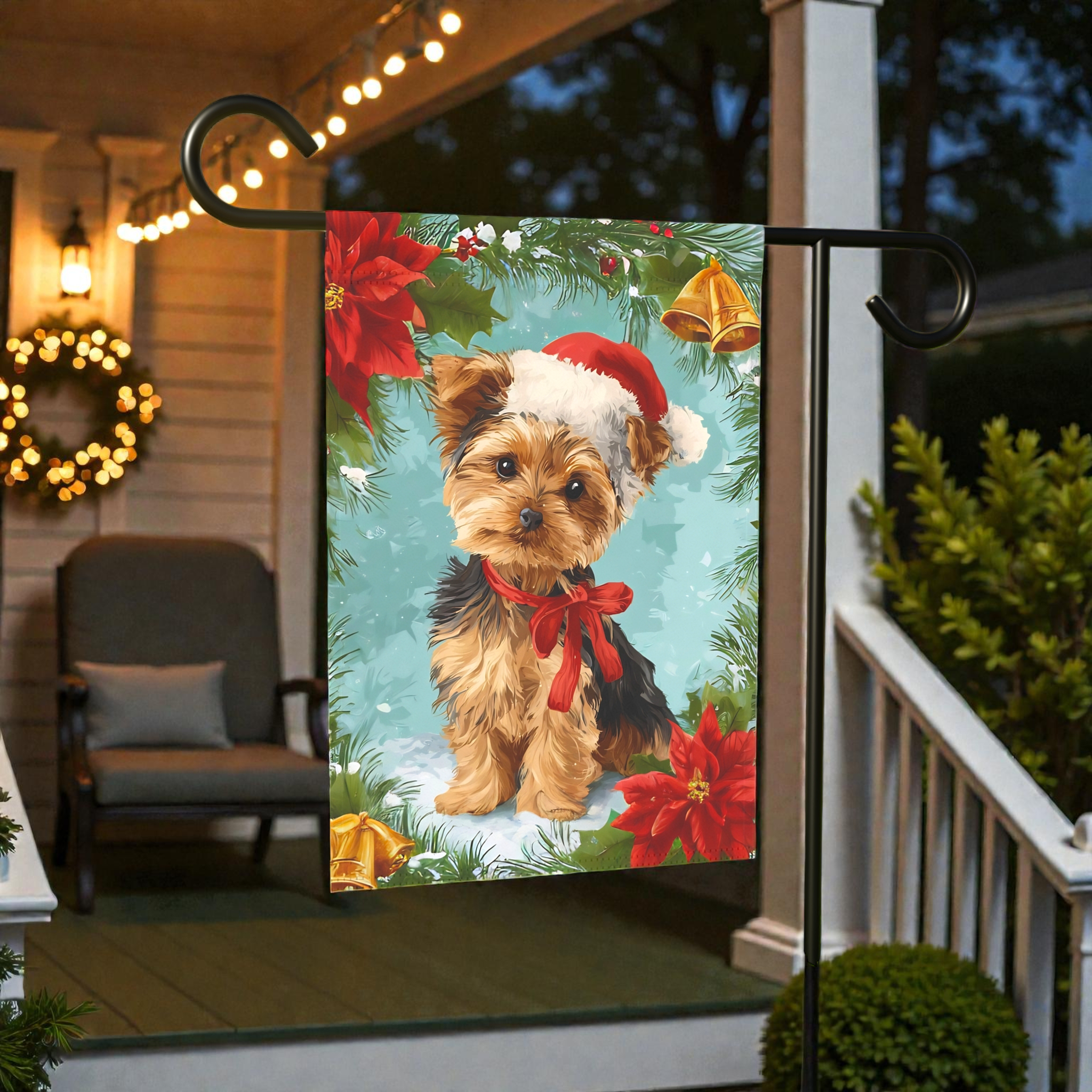Poinsettia and Bells Yorkshire Terrier Christmas Garden Flag
