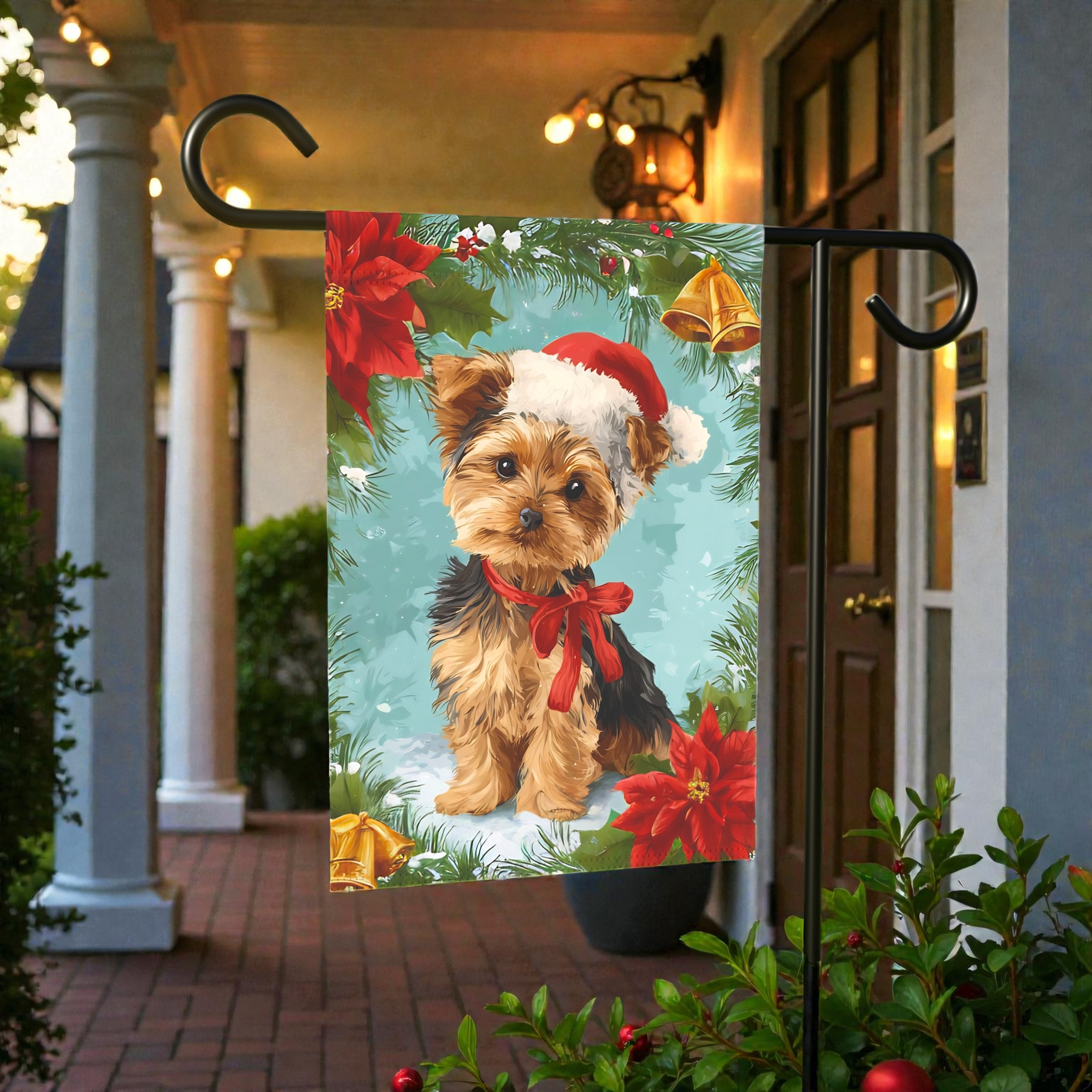 Poinsettia and Bells Yorkshire Terrier Christmas Garden Flag