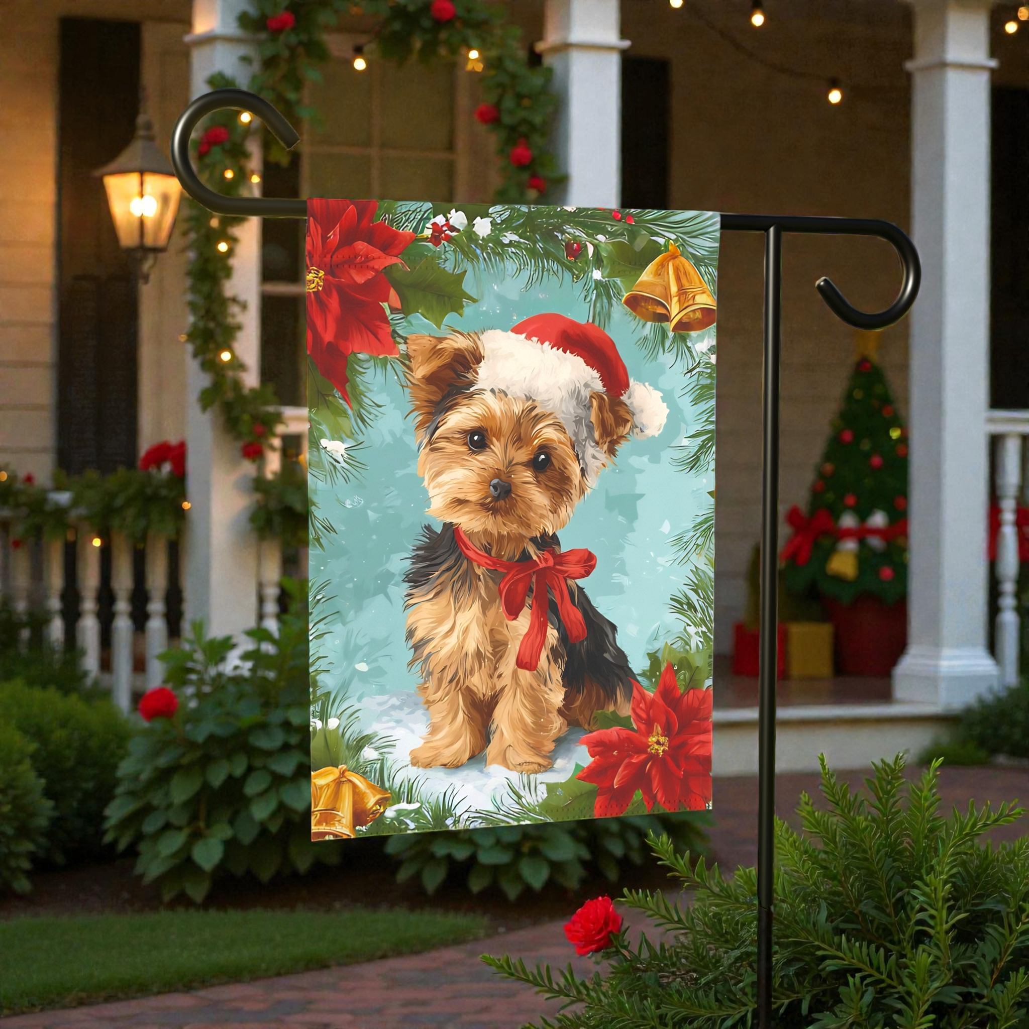 Poinsettia and Bells Yorkshire Terrier Christmas Garden Flag