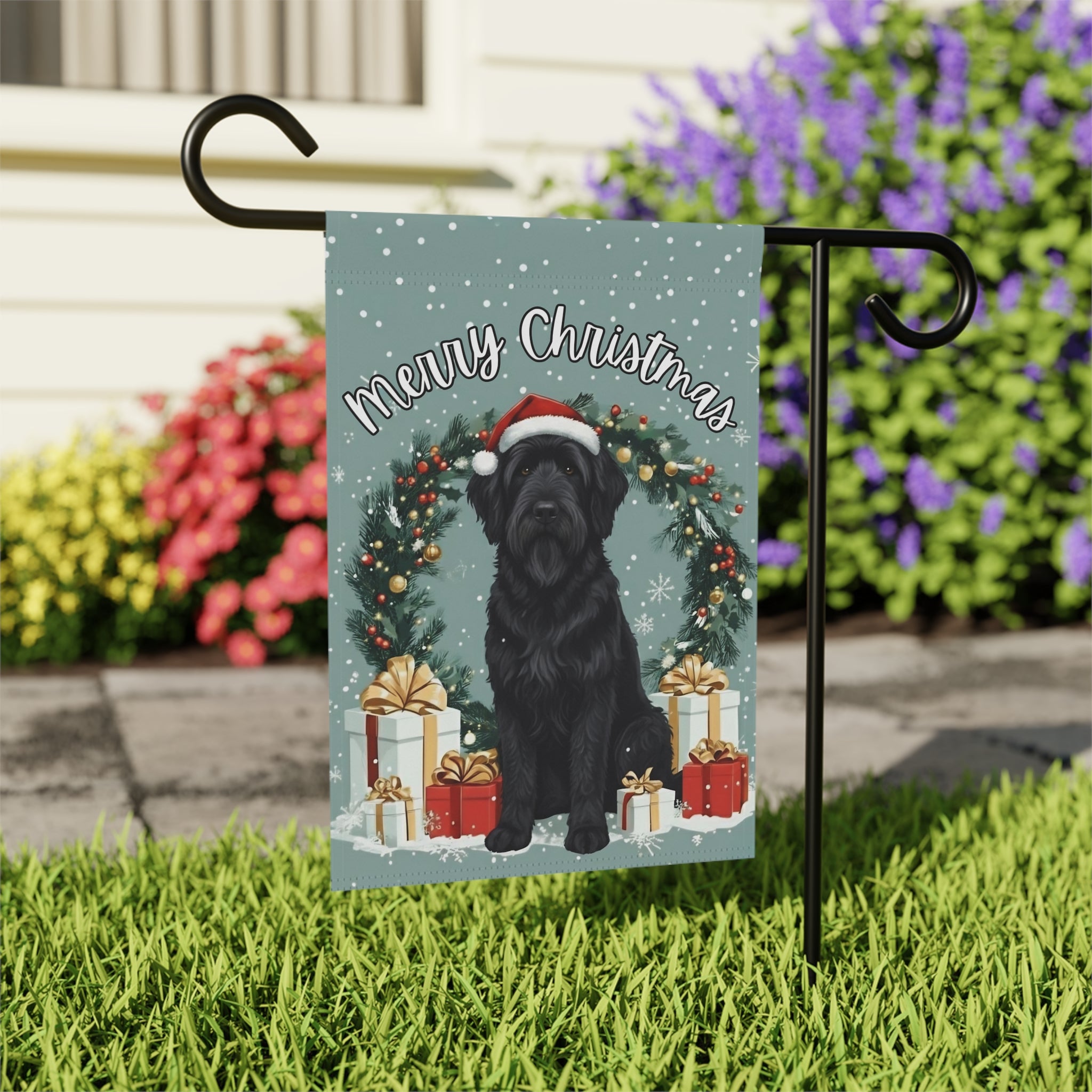 Merry Christmas Black Russian Terrier Garden Flag