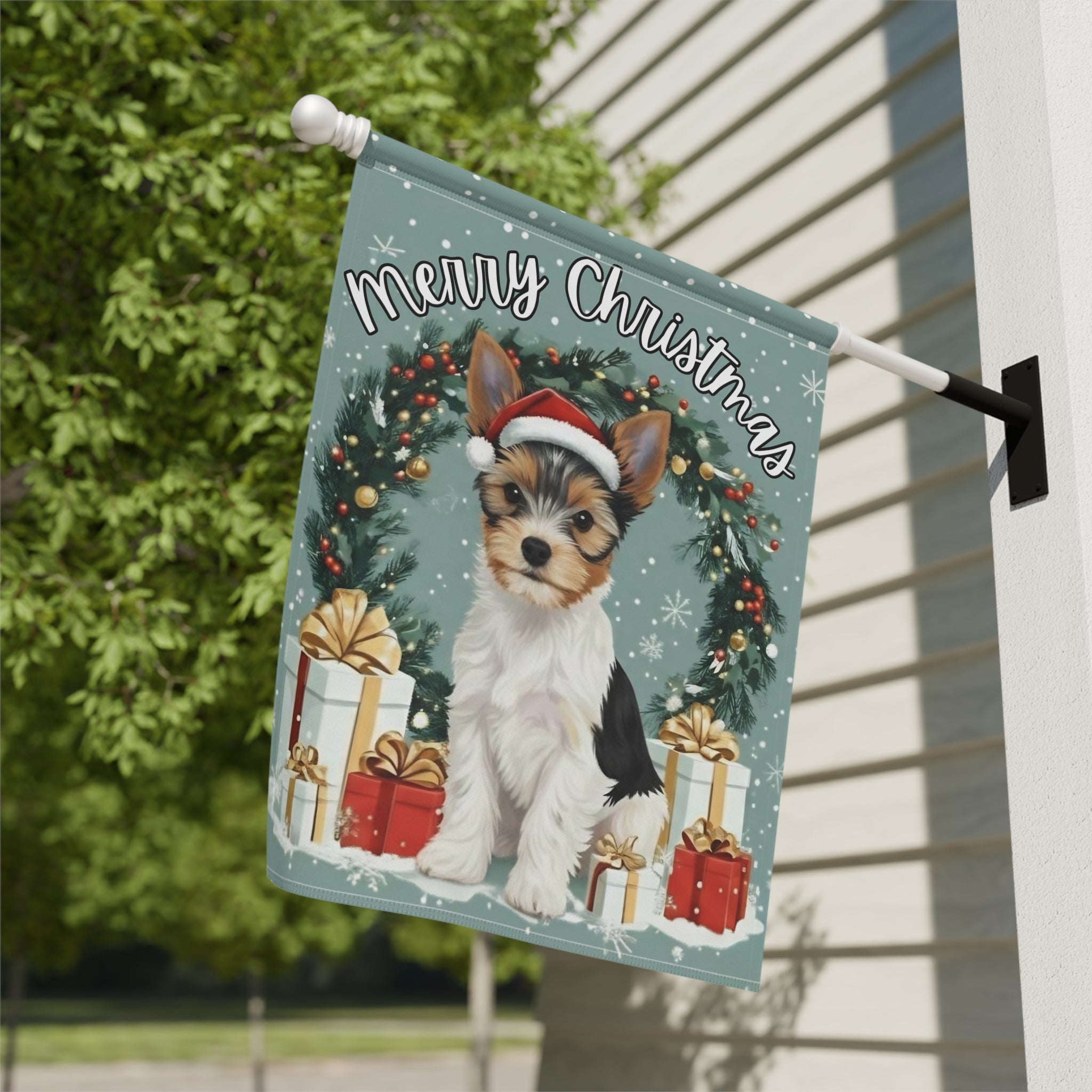 Merry Christmas Biewer Terrier Garden Flag