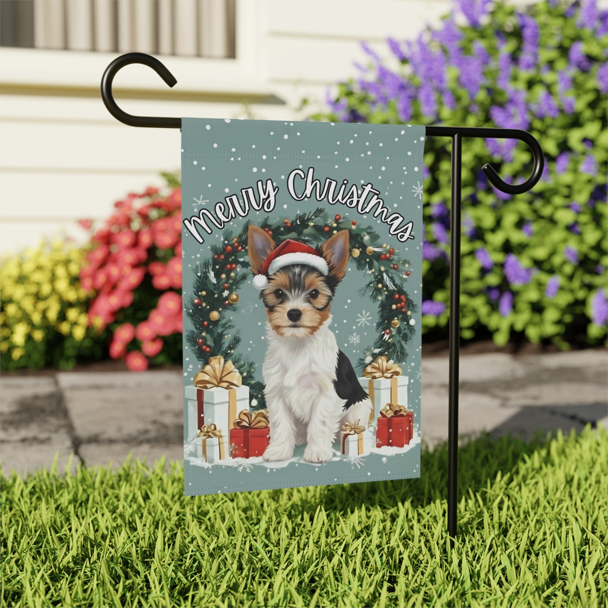 Merry Christmas Biewer Terrier Garden Flag