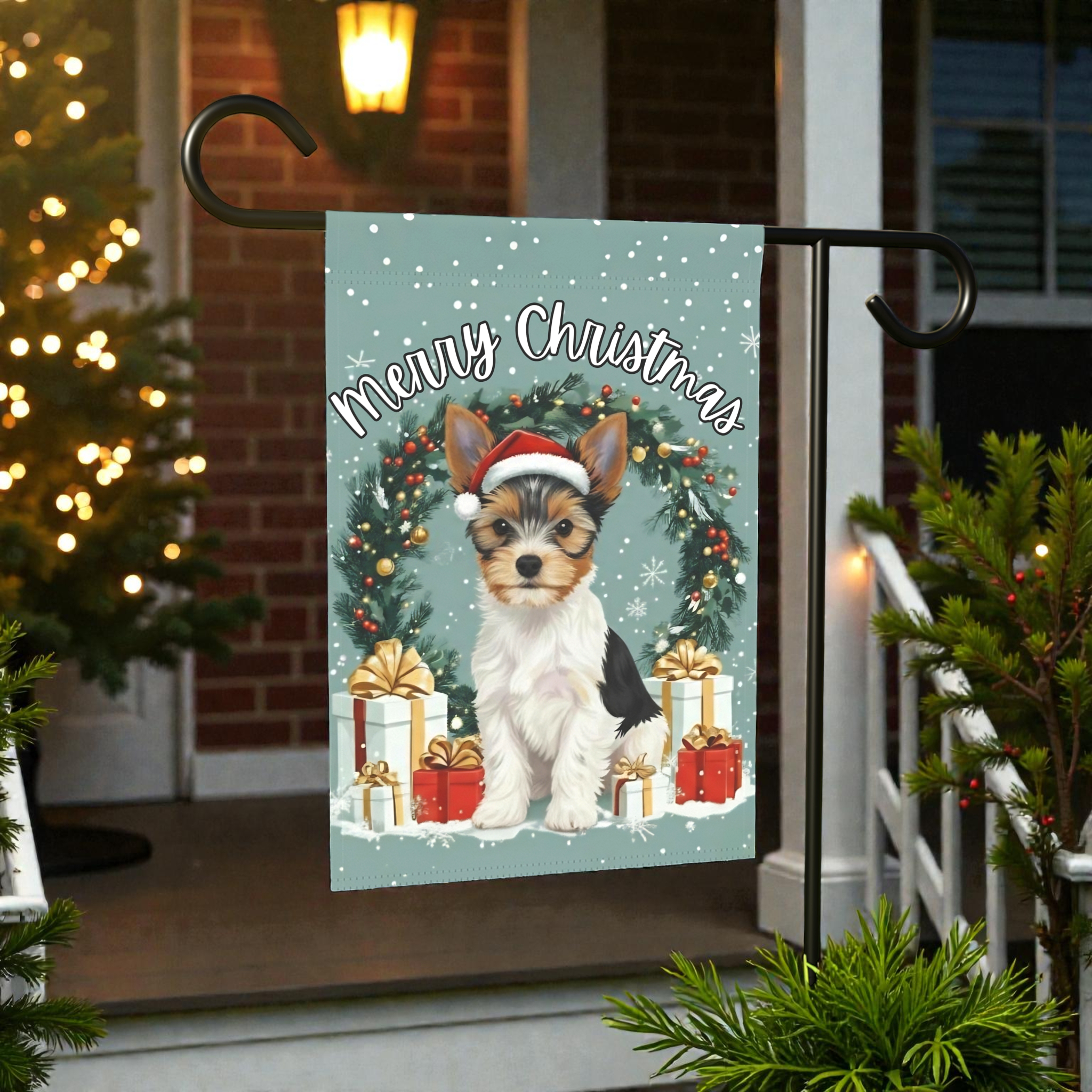 Merry Christmas Biewer Terrier Garden Flag