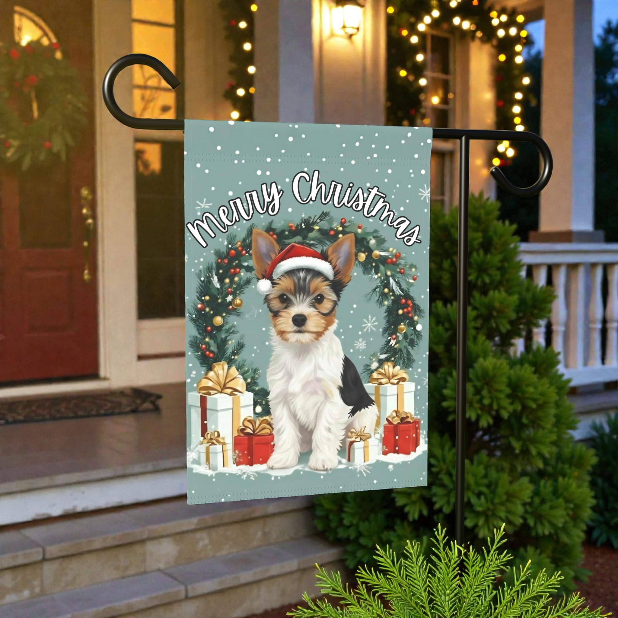 Merry Christmas Biewer Terrier Garden Flag