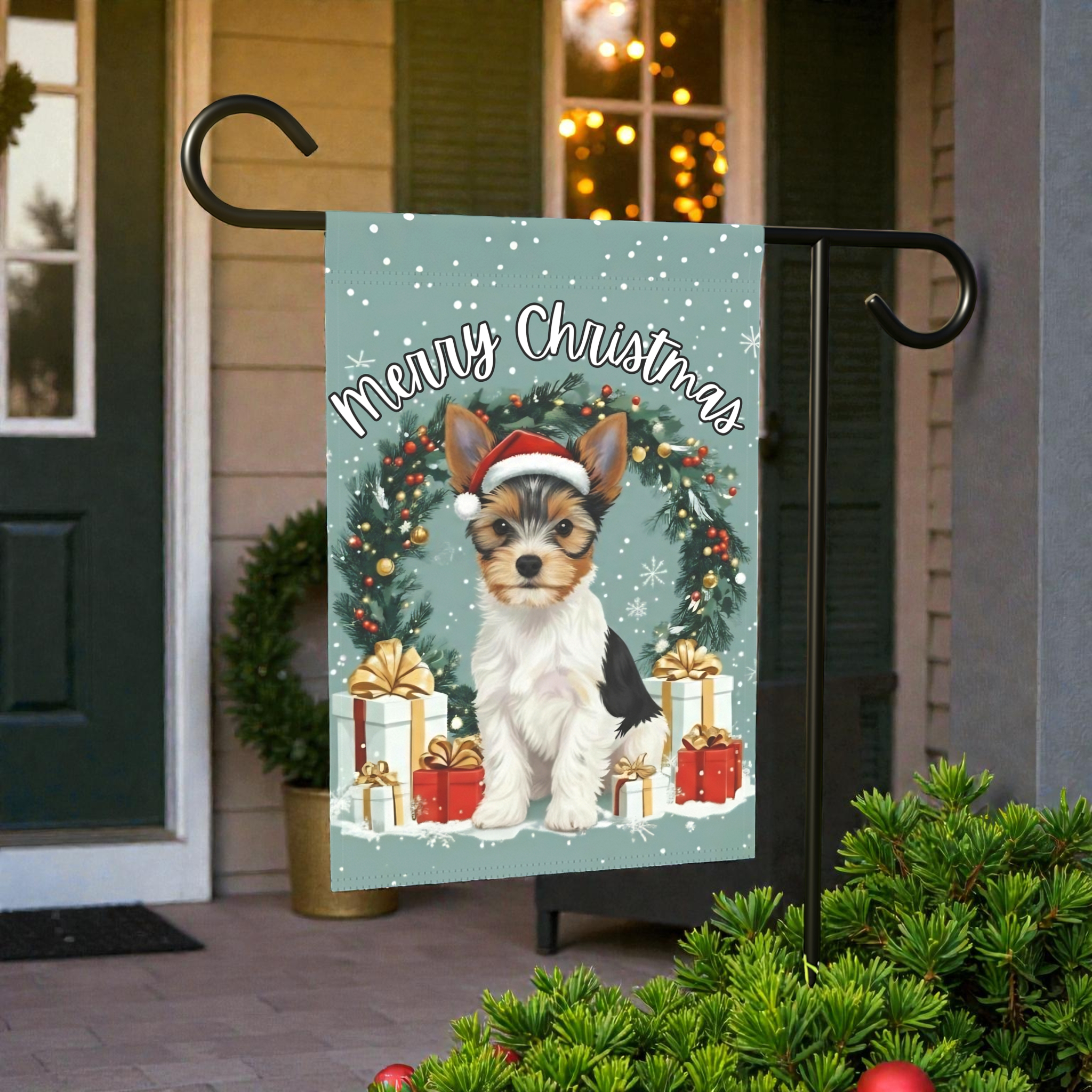 Merry Christmas Biewer Terrier Garden Flag