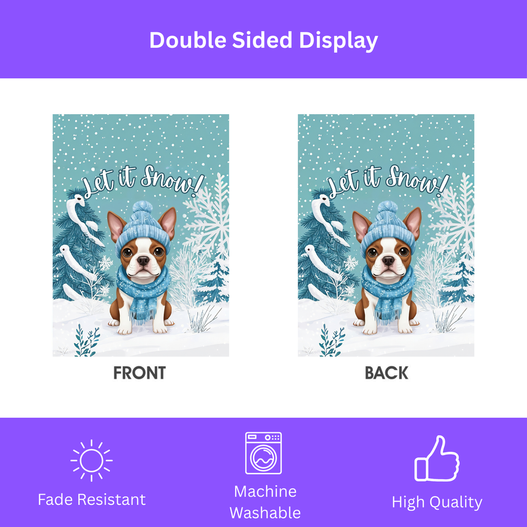 Let It Snow Red Boston Terrier Winter Garden Flag - double-sided design - Dragonfire Gardens