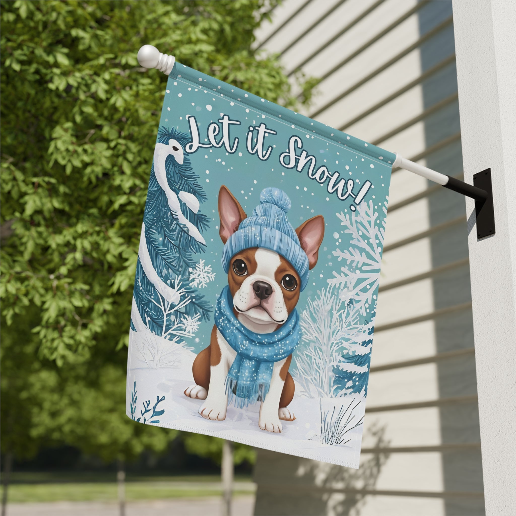 Let It Snow Red Boston Terrier Winter Garden Flag