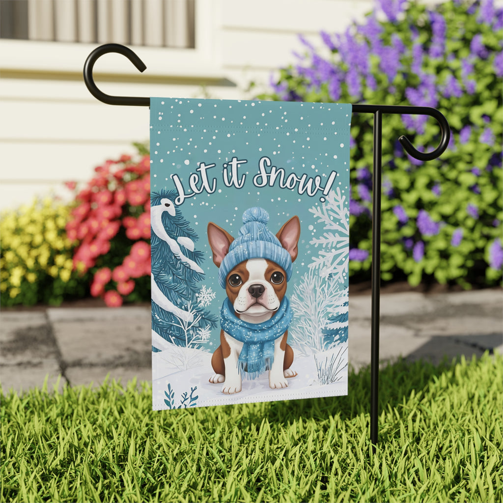 Let It Snow Red Boston Terrier Winter Garden Flag - outdoor display - Dragonfire Gardens