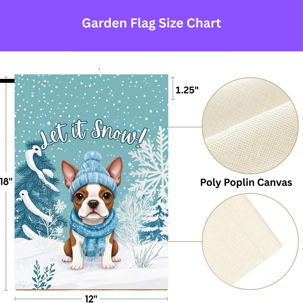Let It Snow Red Boston Terrier Winter Garden Flag - porch decor - Dragonfire Gardens
