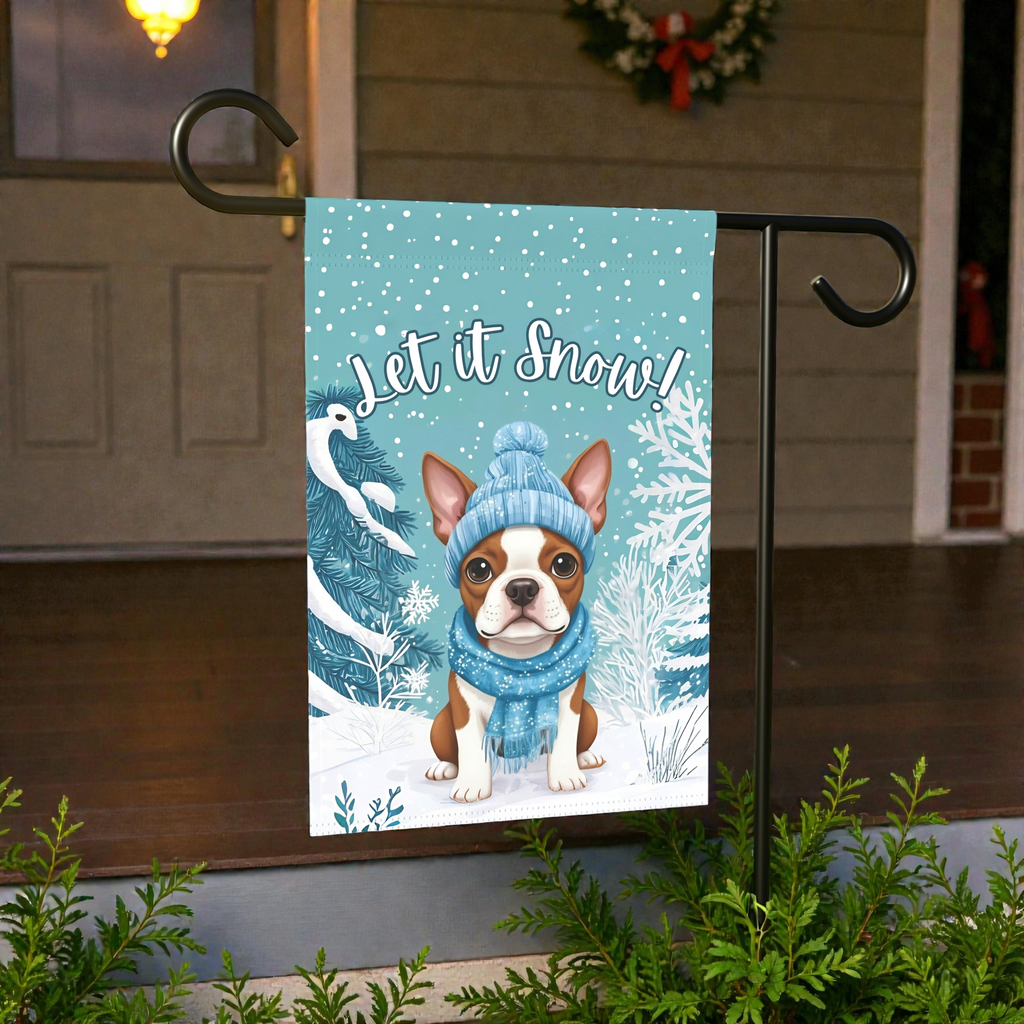 Let It Snow Red Boston Terrier Winter Garden Flag - size comparison - Dragonfire Gardens