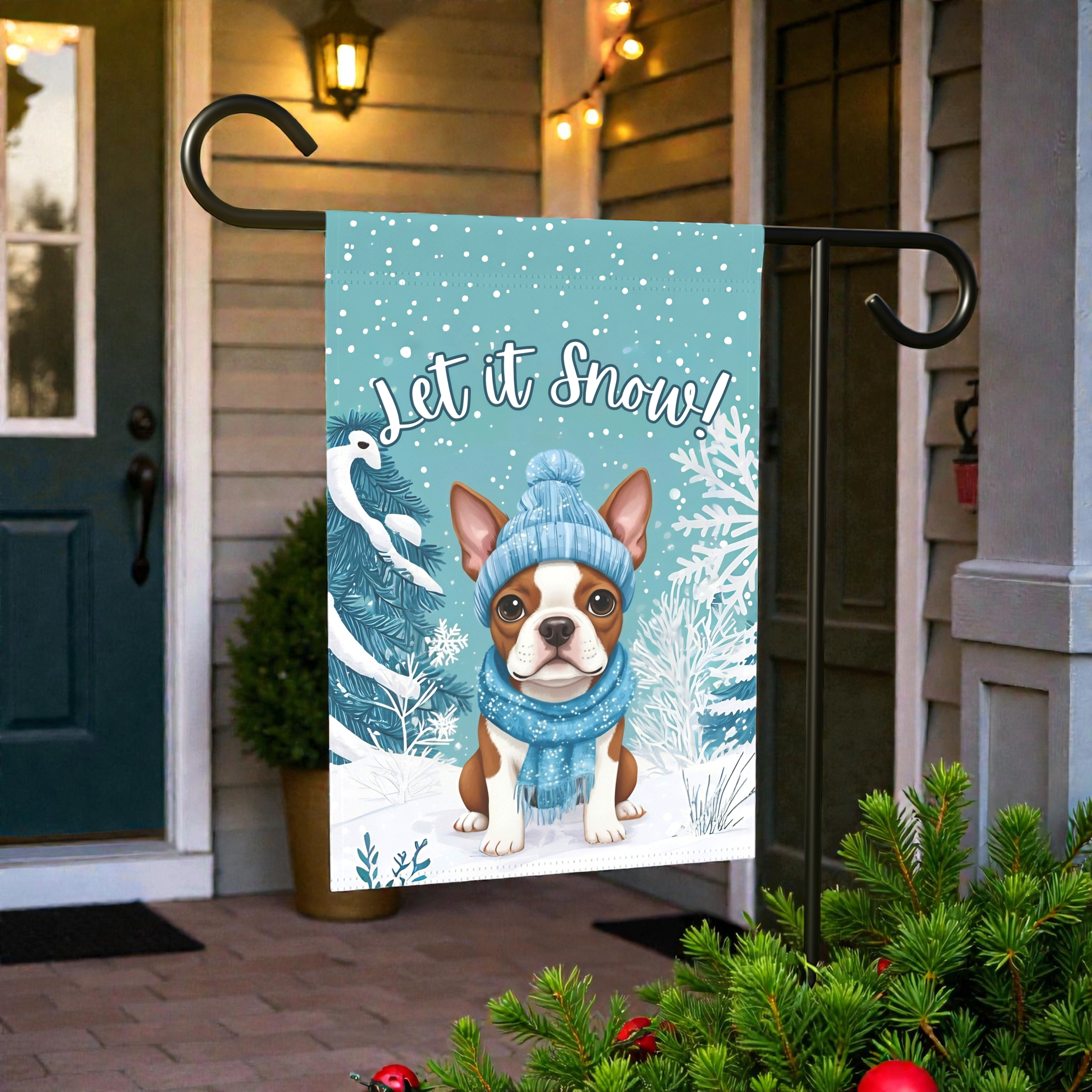 Let It Snow Red Boston Terrier Winter Garden Flag - lifestyle display - Dragonfire Gardens