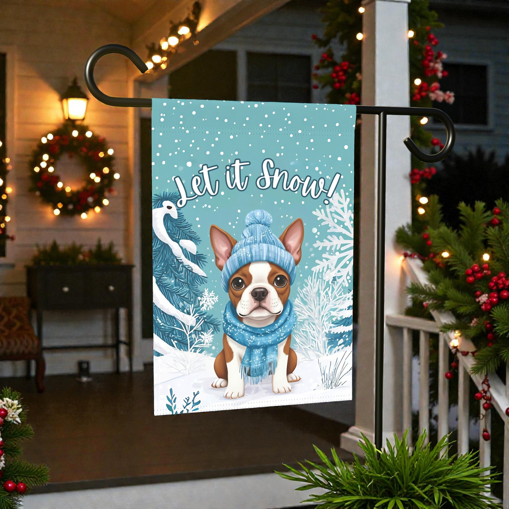 Let It Snow Red Boston Terrier Winter Garden Flag - front view - Dragonfire Gardens
