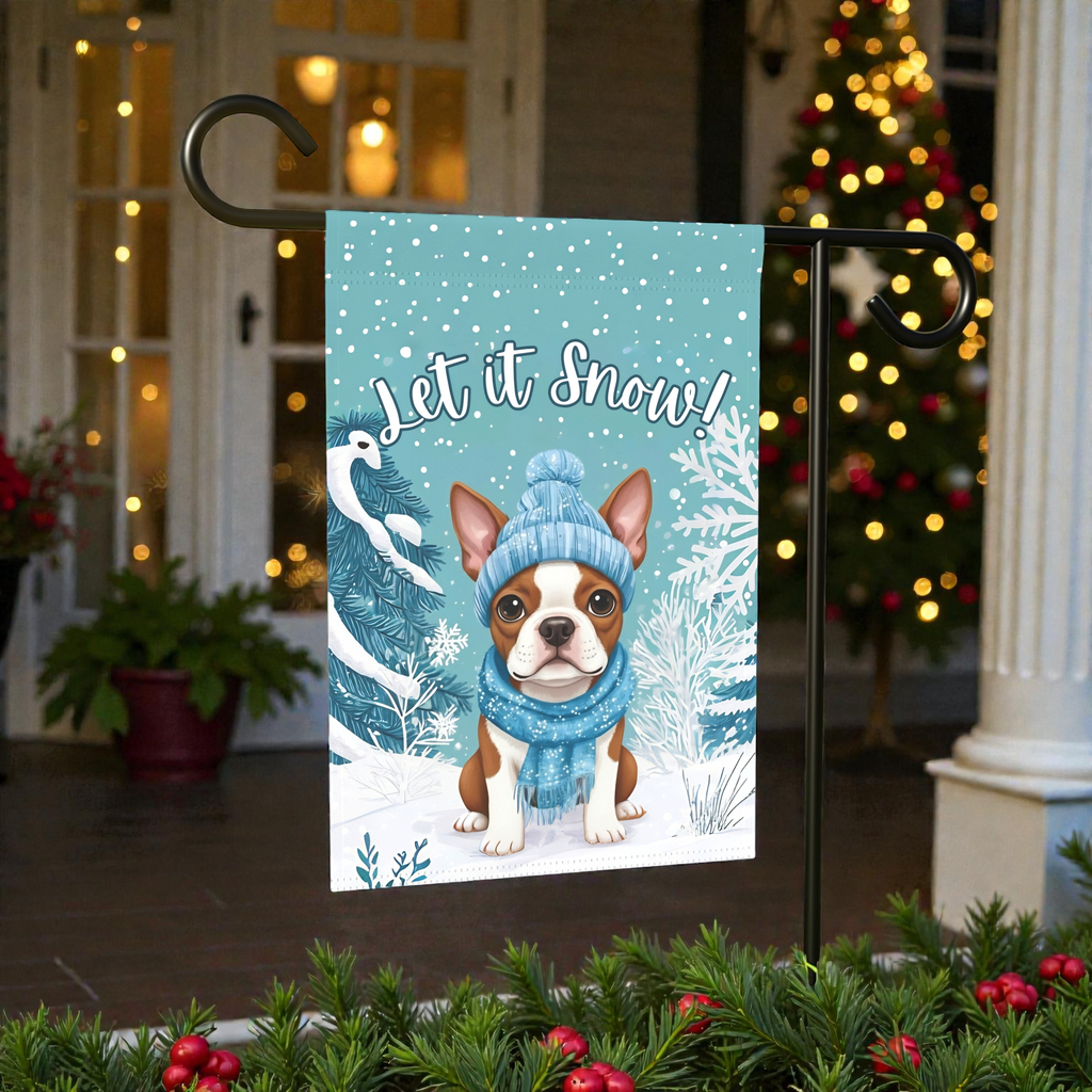 Let It Snow Red Boston Terrier Winter Garden Flag - product detail - Dragonfire Gardens