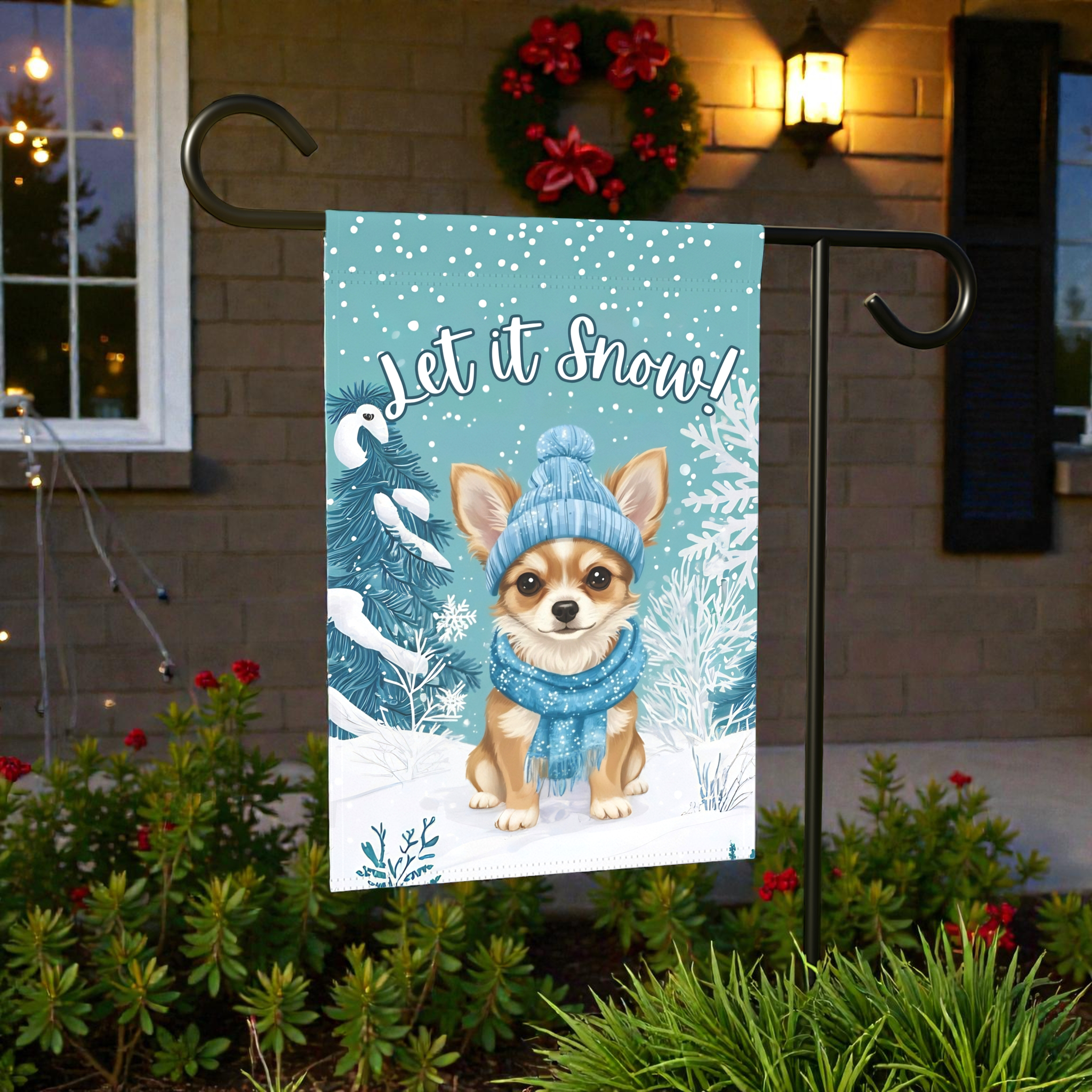 Let It Snow Chihuahua Garden Flag - lifestyle display - Dragonfire Gardens