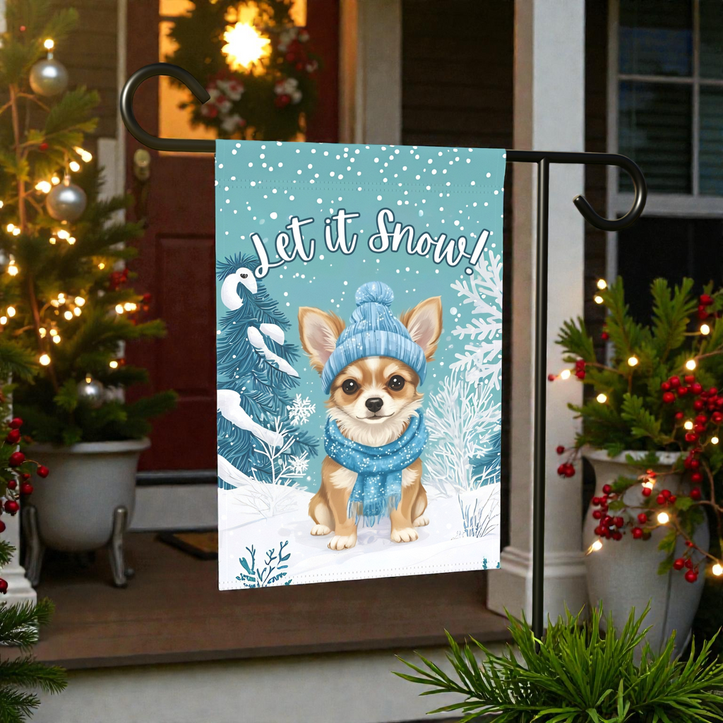 Let It Snow Chihuahua Garden Flag - front view - Dragonfire Gardens