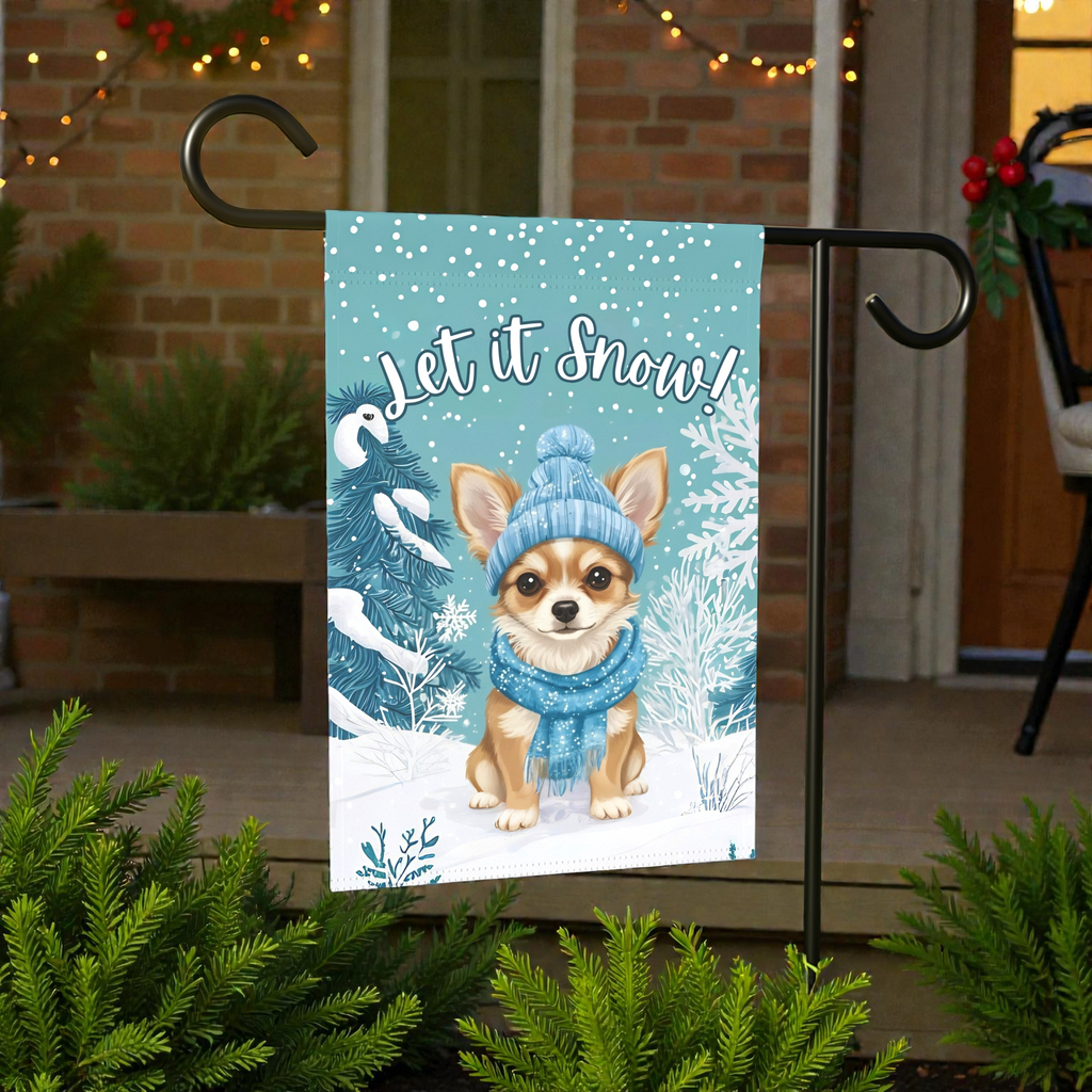 Let It Snow Chihuahua Garden Flag - size comparison - Dragonfire Gardens