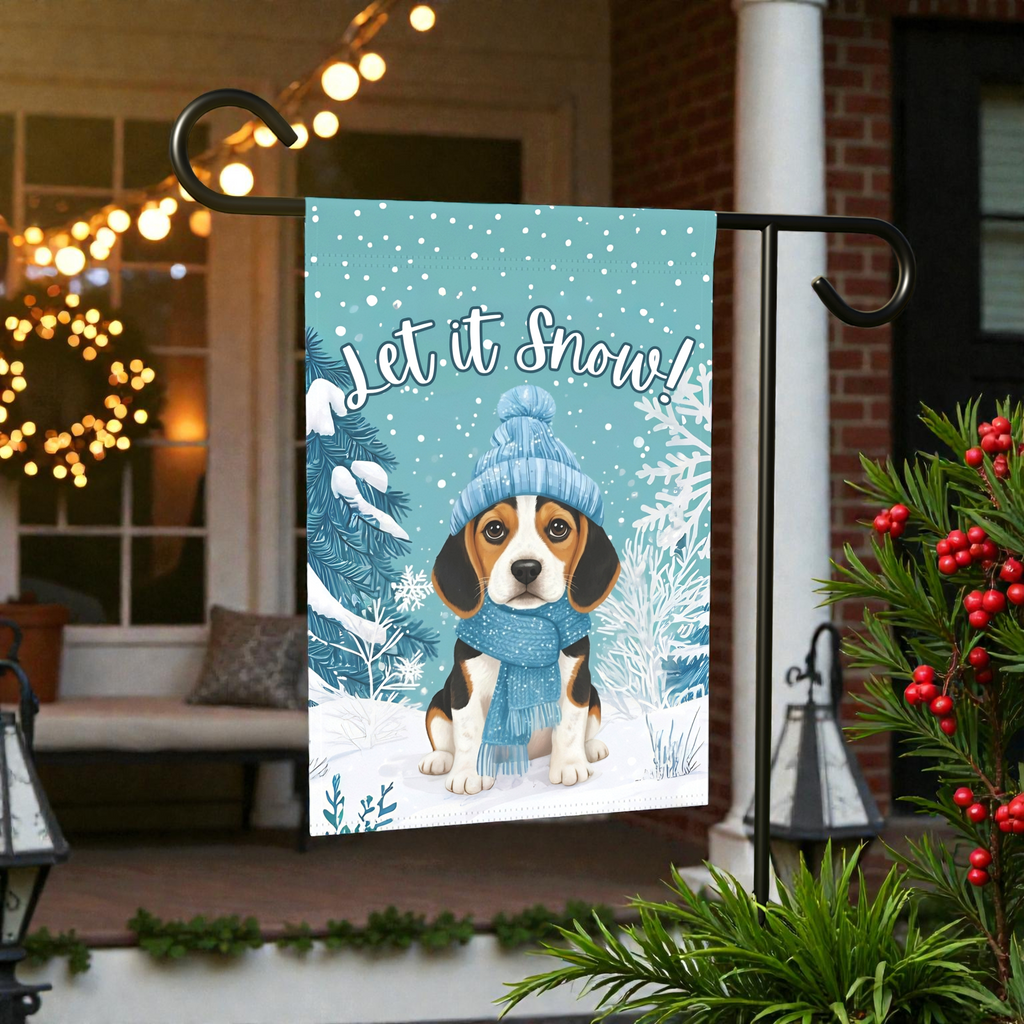 Let It Snow Beagle Garden Flag - front view - Dragonfire Gardens