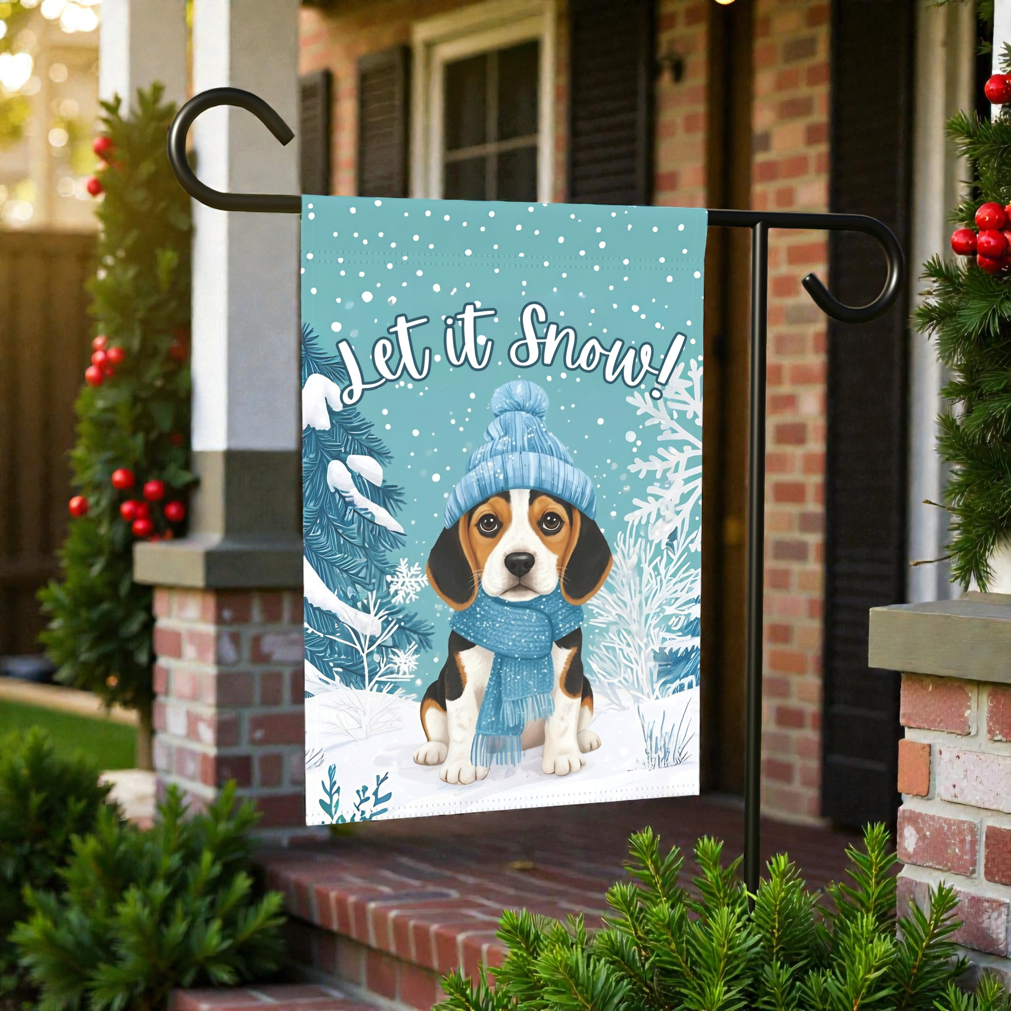 Let It Snow Beagle Garden Flag - lifestyle display - Dragonfire Gardens