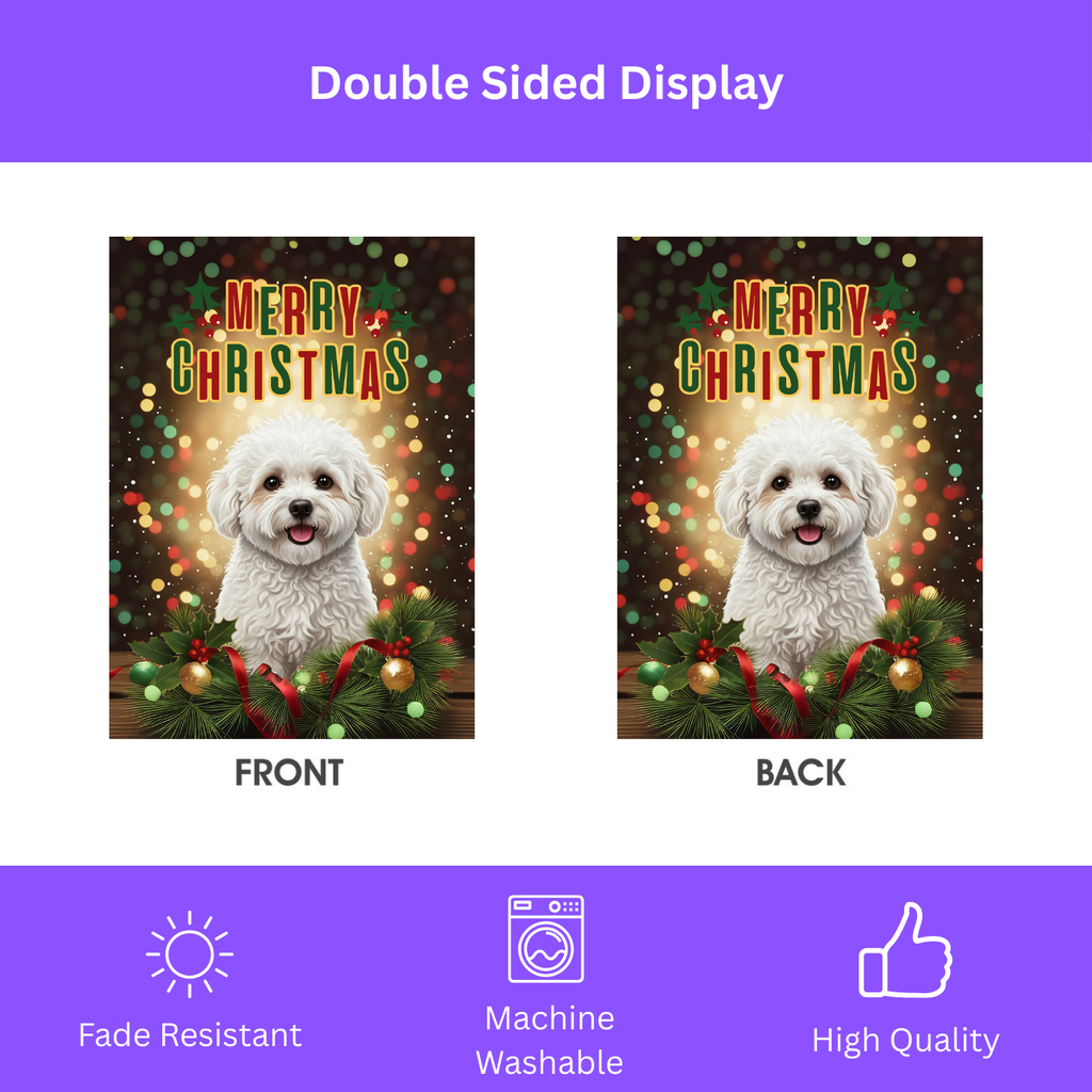 Merry Christmas In Lights Bichon Frise Garden Flag - double-sided design - Dragonfire Gardens
