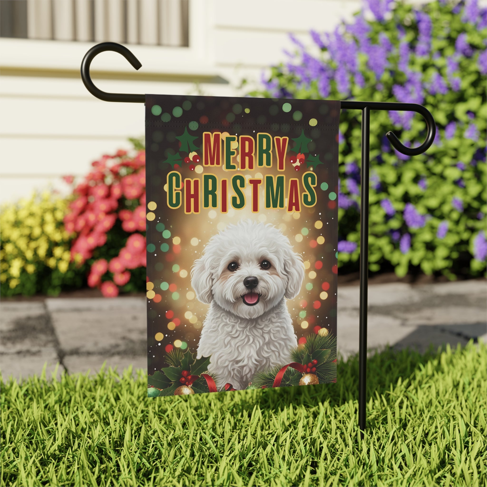 Merry Christmas In Lights Bichon Frise Garden Flag
