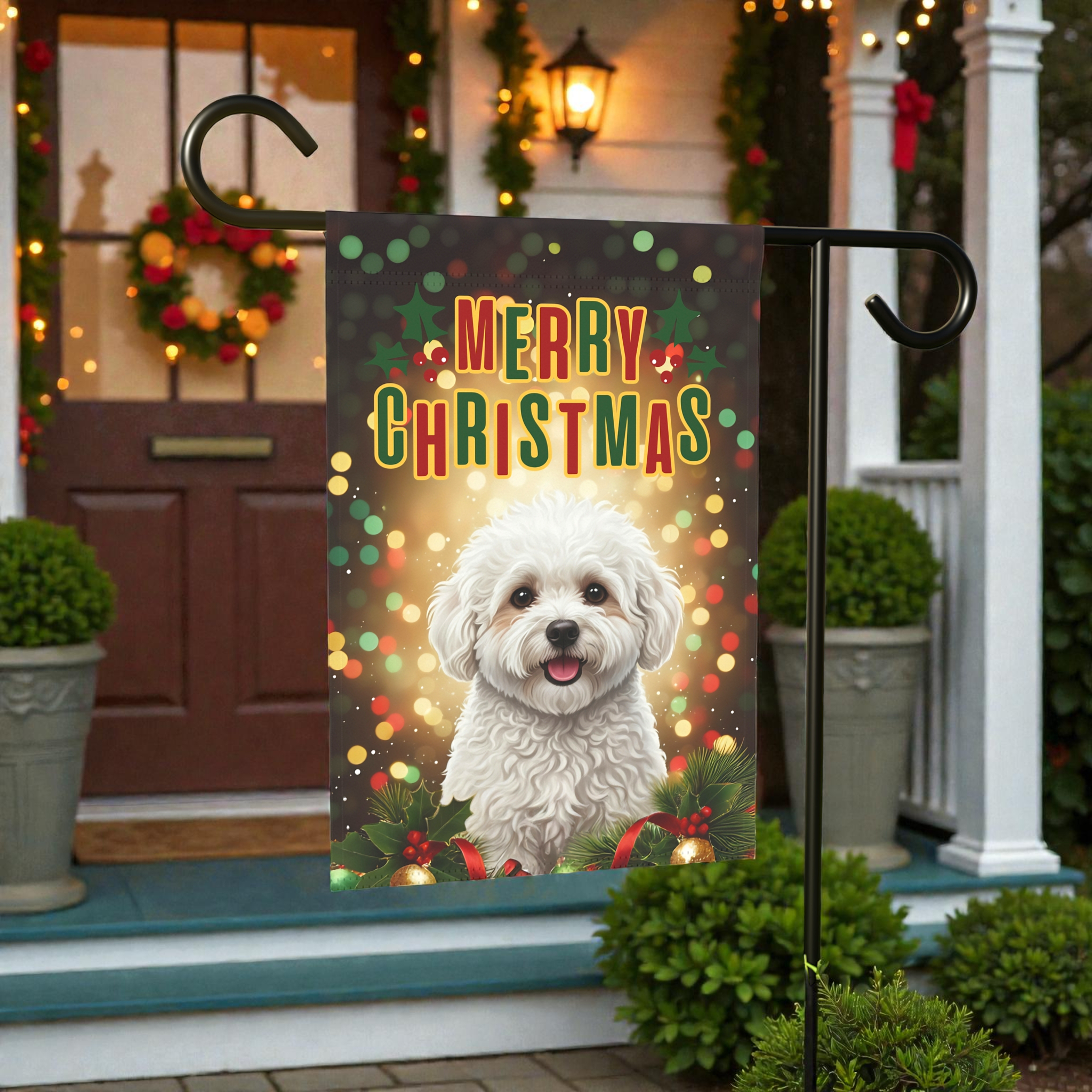 Merry Christmas In Lights Bichon Frise Garden Flag - lifestyle display - Dragonfire Gardens