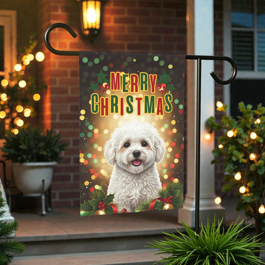 Merry Christmas In Lights Bichon Frise Garden Flag - front view - Dragonfire Gardens