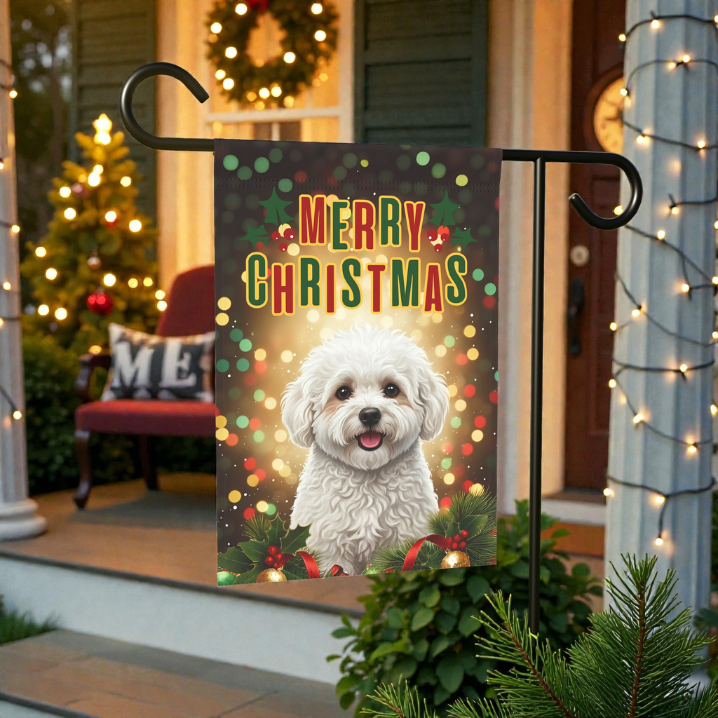 Merry Christmas In Lights Bichon Frise Garden Flag - size comparison - Dragonfire Gardens