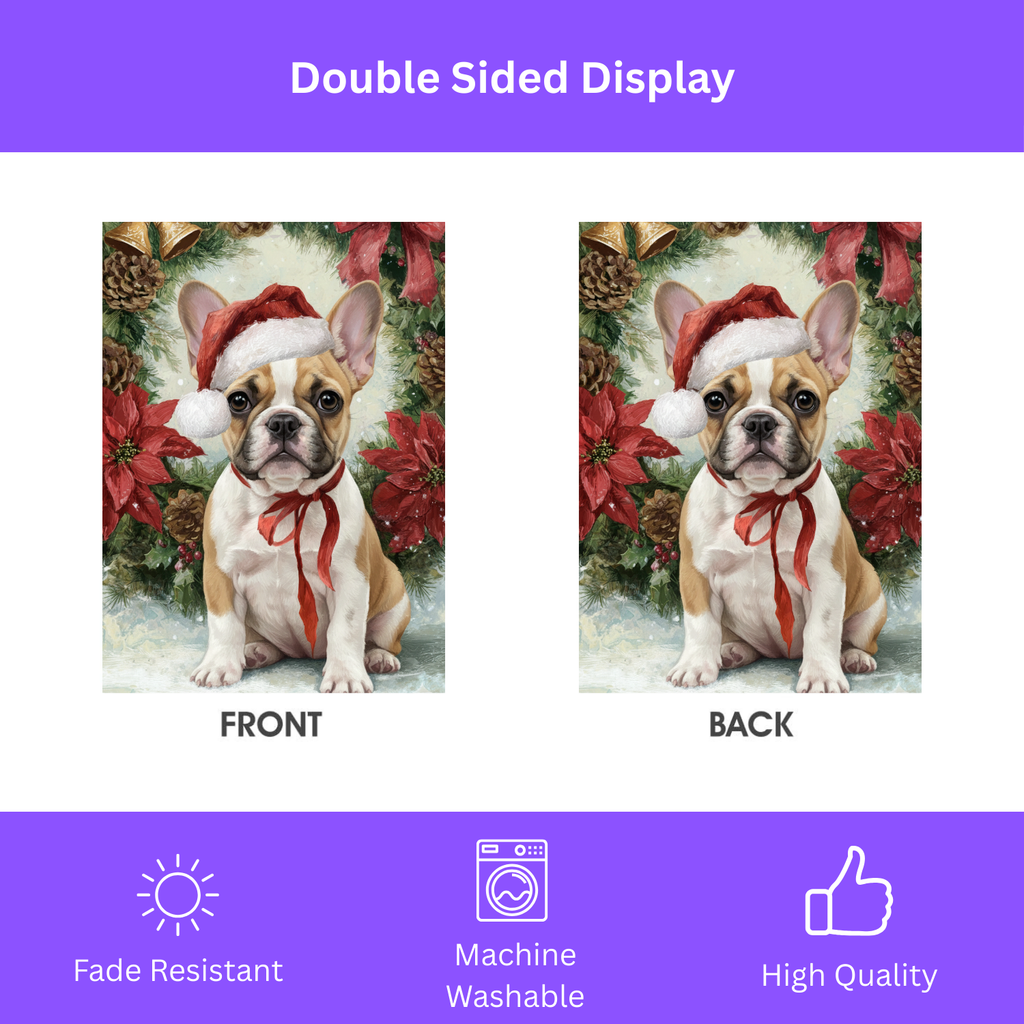 Poinsettia and Pinecone Wreath French Bulldog Garden Flag - yard display - Dragonfire Gardens
