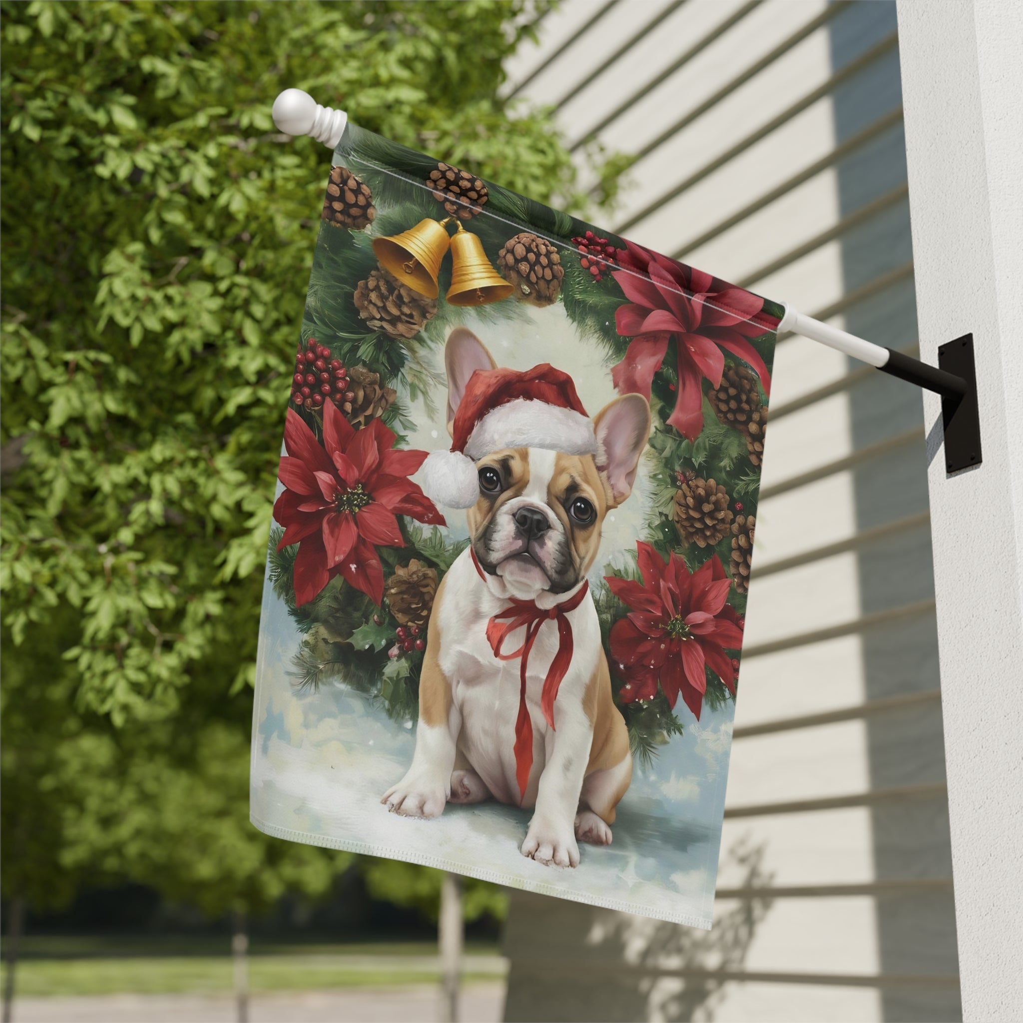 Poinsettia and Pinecone Wreath French Bulldog Garden Flag - double-sided design - Dragonfire Gardens