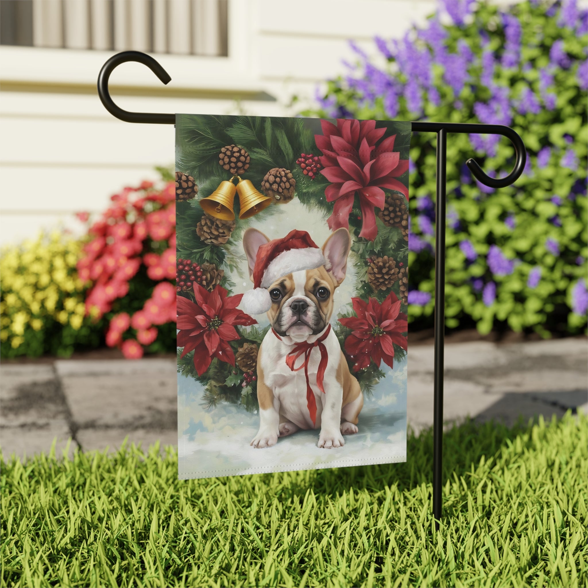 Poinsettia and Pinecone Wreath French Bulldog Garden Flag - close-up detail - Dragonfire Gardens