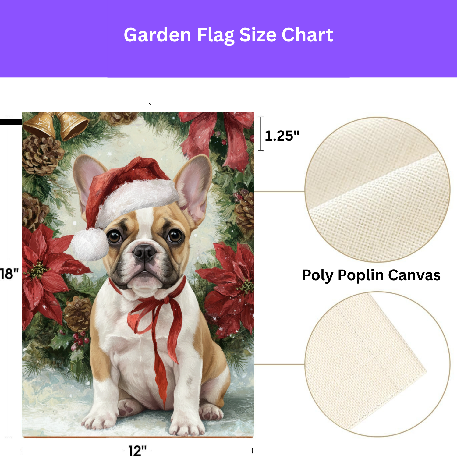 Poinsettia and Pinecone Wreath French Bulldog Garden Flag - size comparison - Dragonfire Gardens