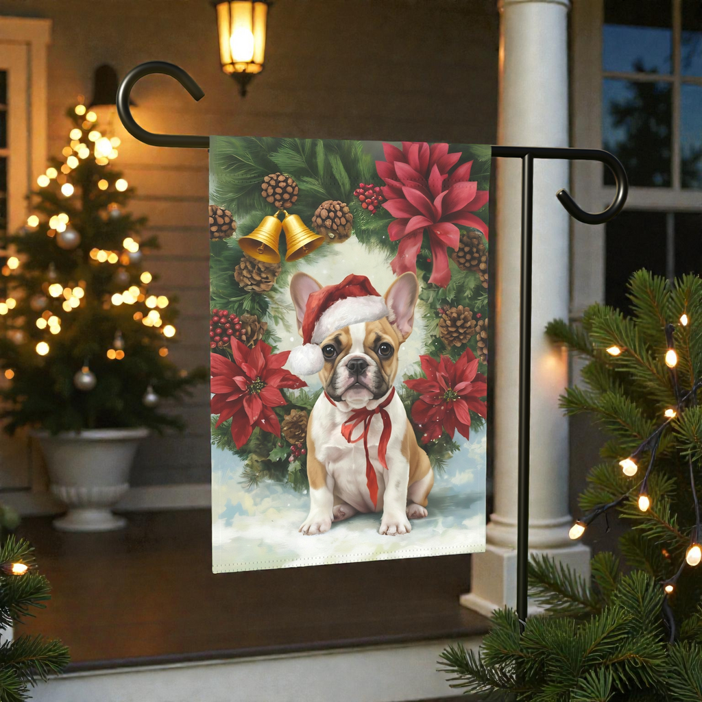 Poinsettia and Pinecone Wreath French Bulldog Garden Flag - front view - Dragonfire Gardens