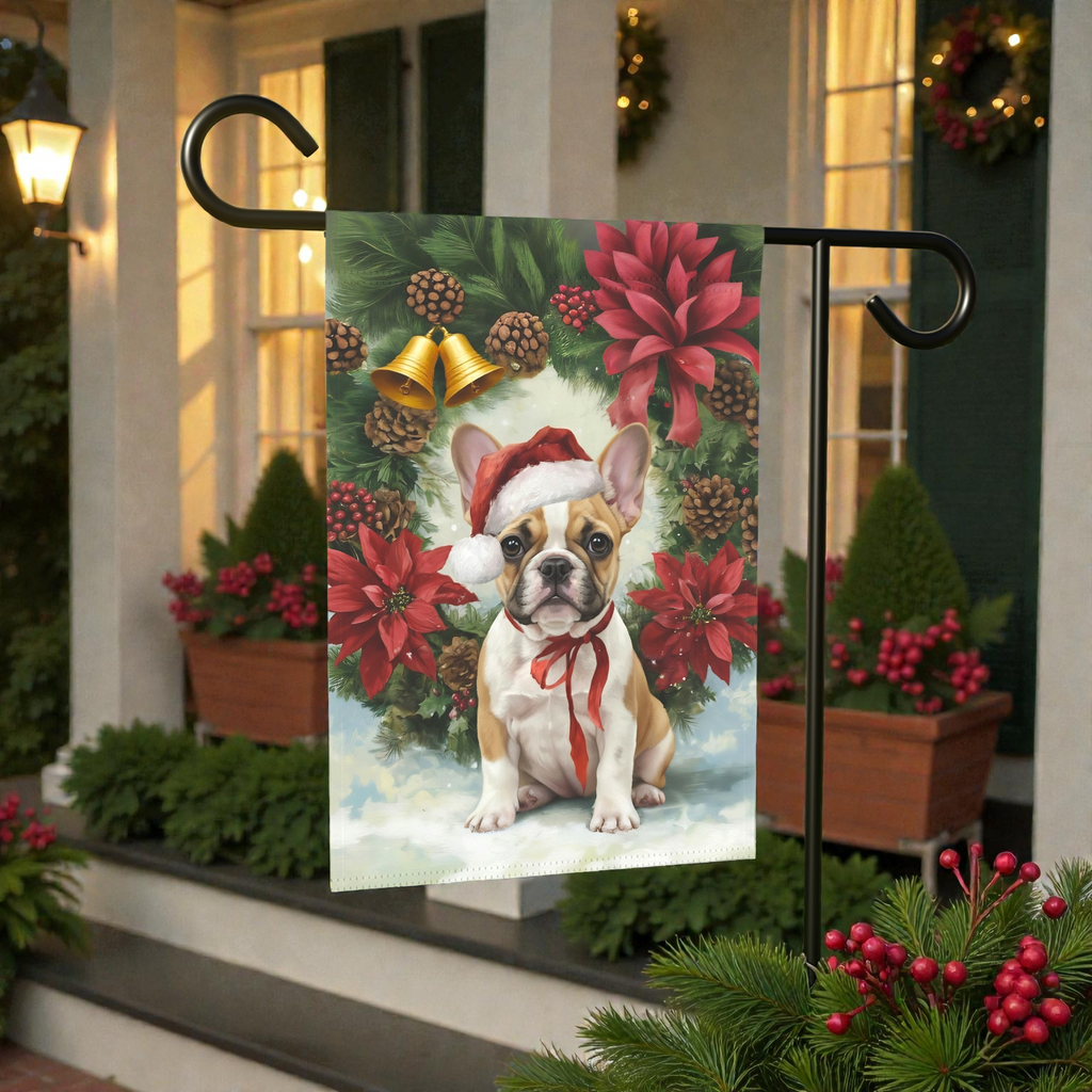 Poinsettia and Pinecone Wreath French Bulldog Garden Flag - outdoor display - Dragonfire Gardens