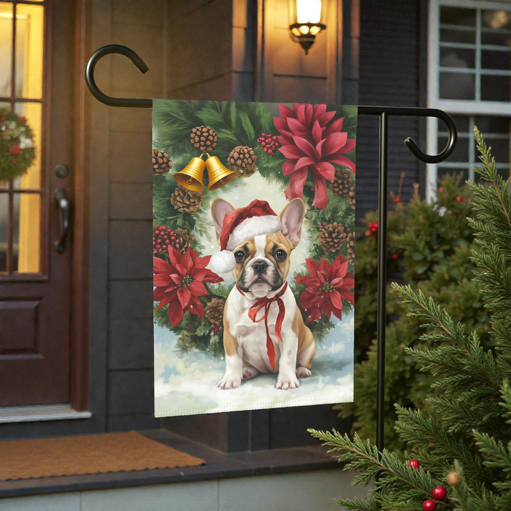 Poinsettia and Pinecone Wreath French Bulldog Garden Flag - lifestyle display - Dragonfire Gardens