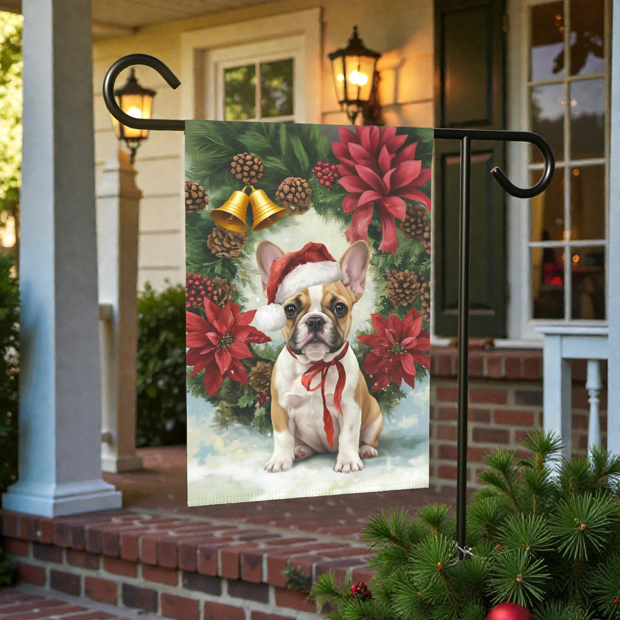 Poinsettia and Pinecone Wreath French Bulldog Garden Flag - product detail - Dragonfire Gardens