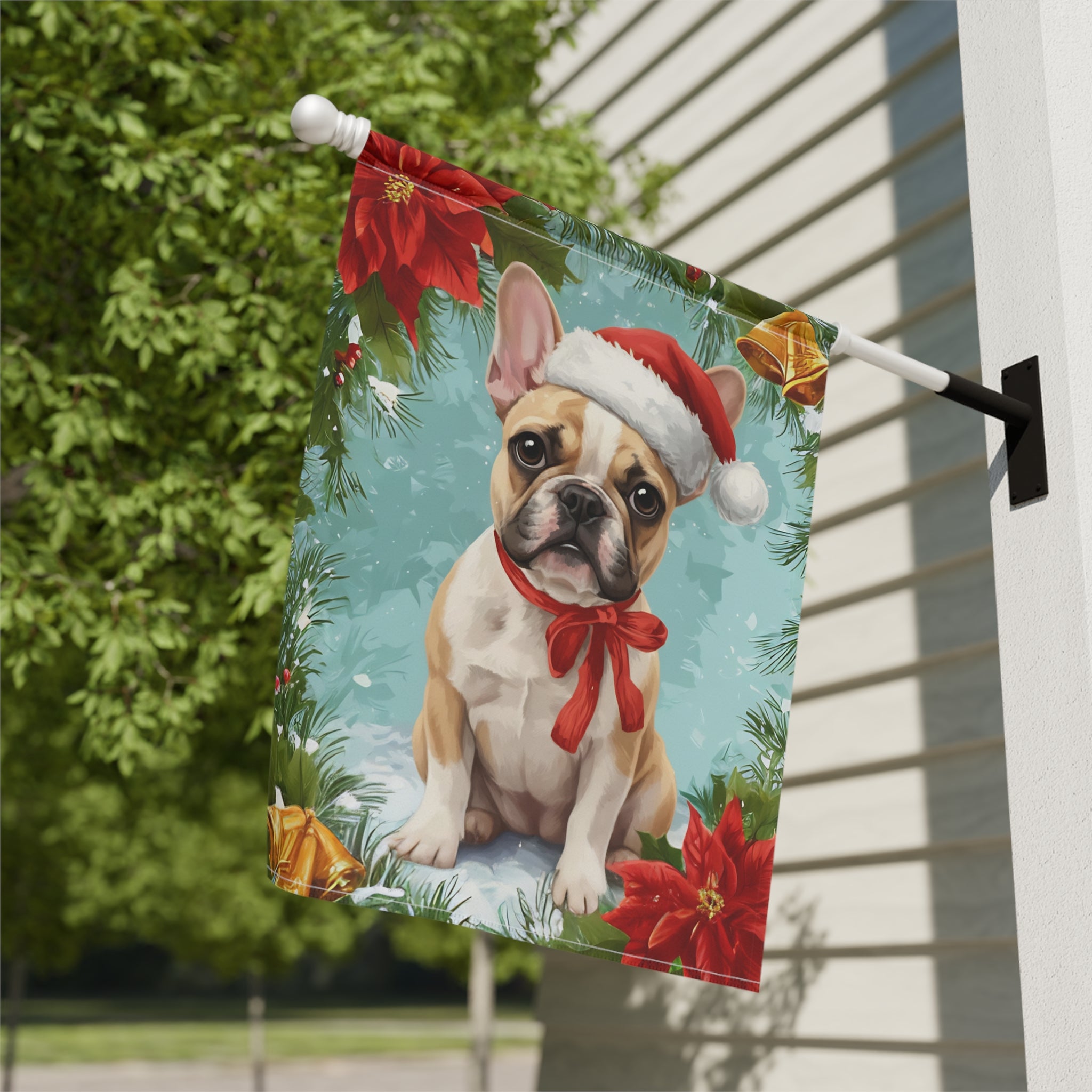 Poinsettia and Bells French Bulldog Christmas Garden Flag - double-sided design - Dragonfire Gardens