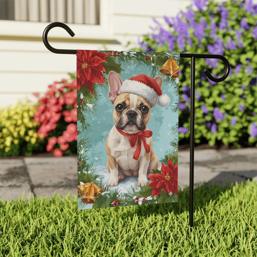 Poinsettia and Bells French Bulldog Christmas Garden Flag