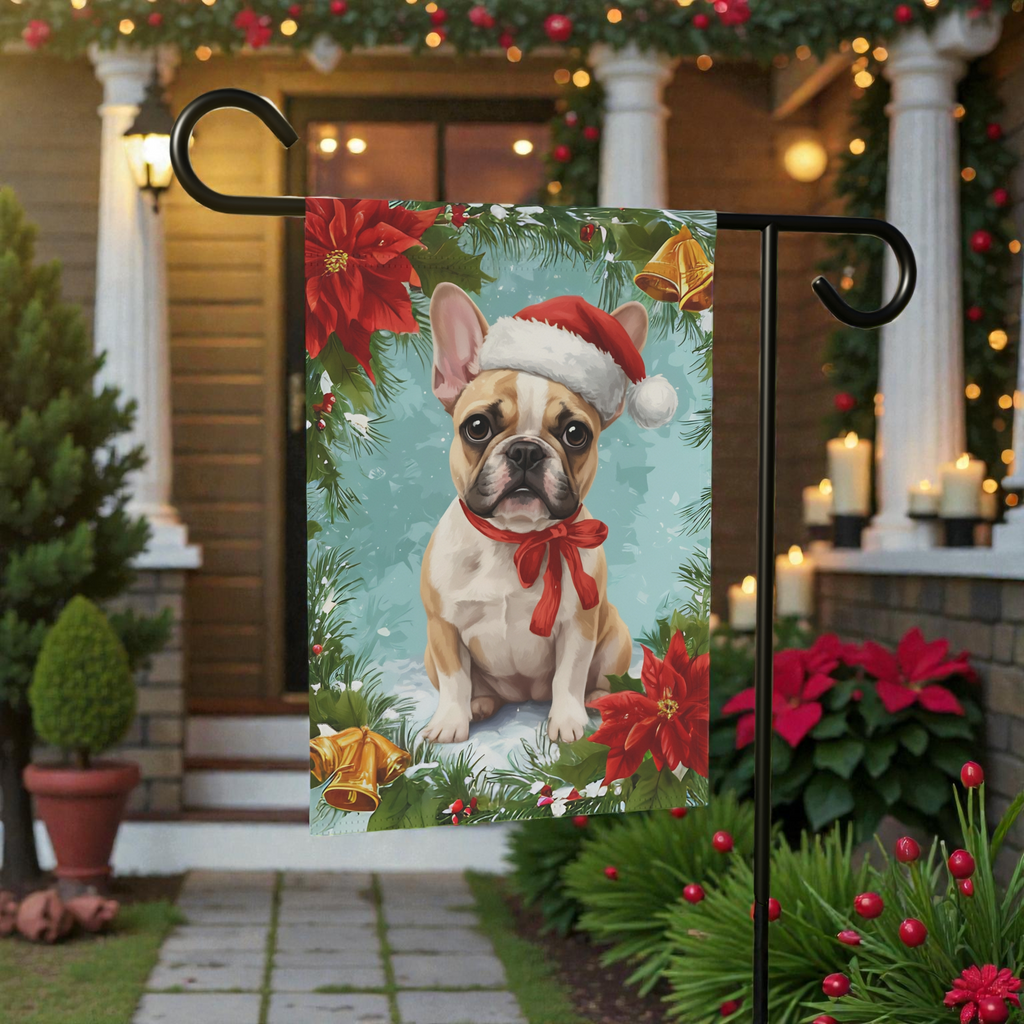Poinsettia and Bells French Bulldog Christmas Garden Flag