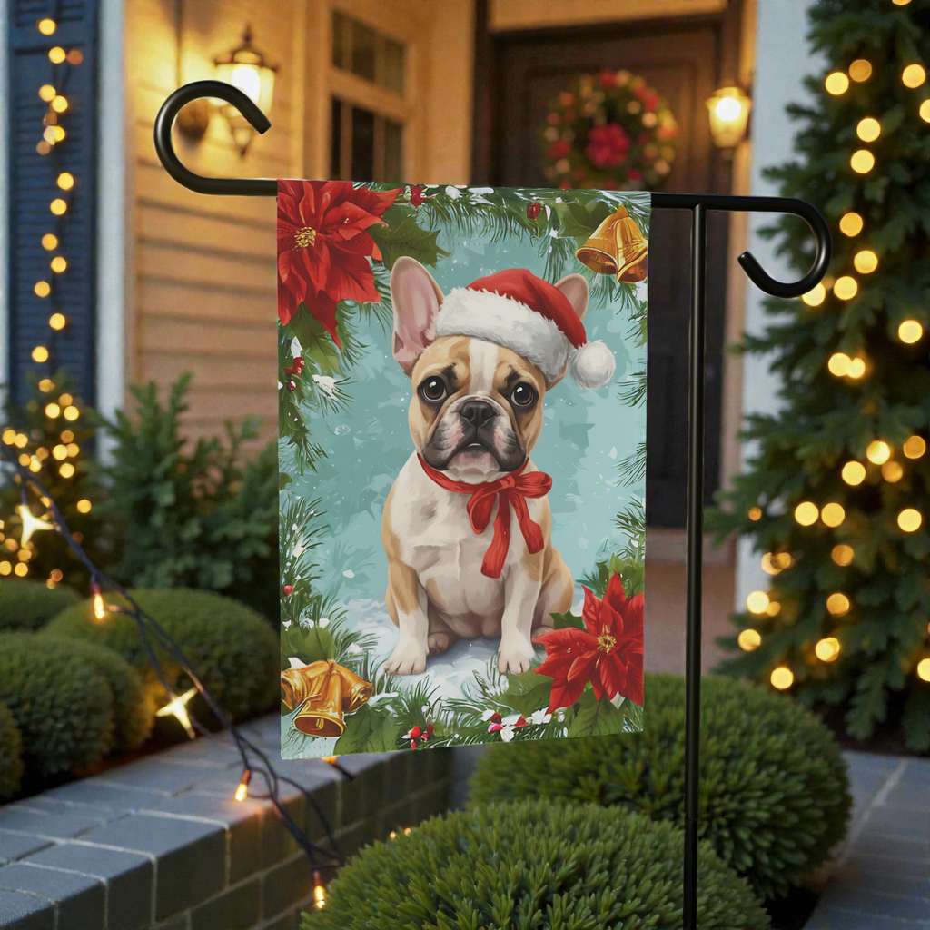 Poinsettia and Bells French Bulldog Christmas Garden Flag
