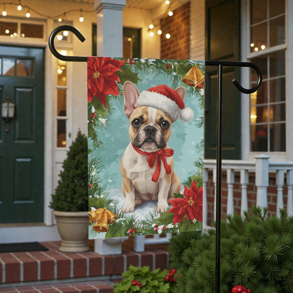 Poinsettia and Bells French Bulldog Christmas Garden Flag