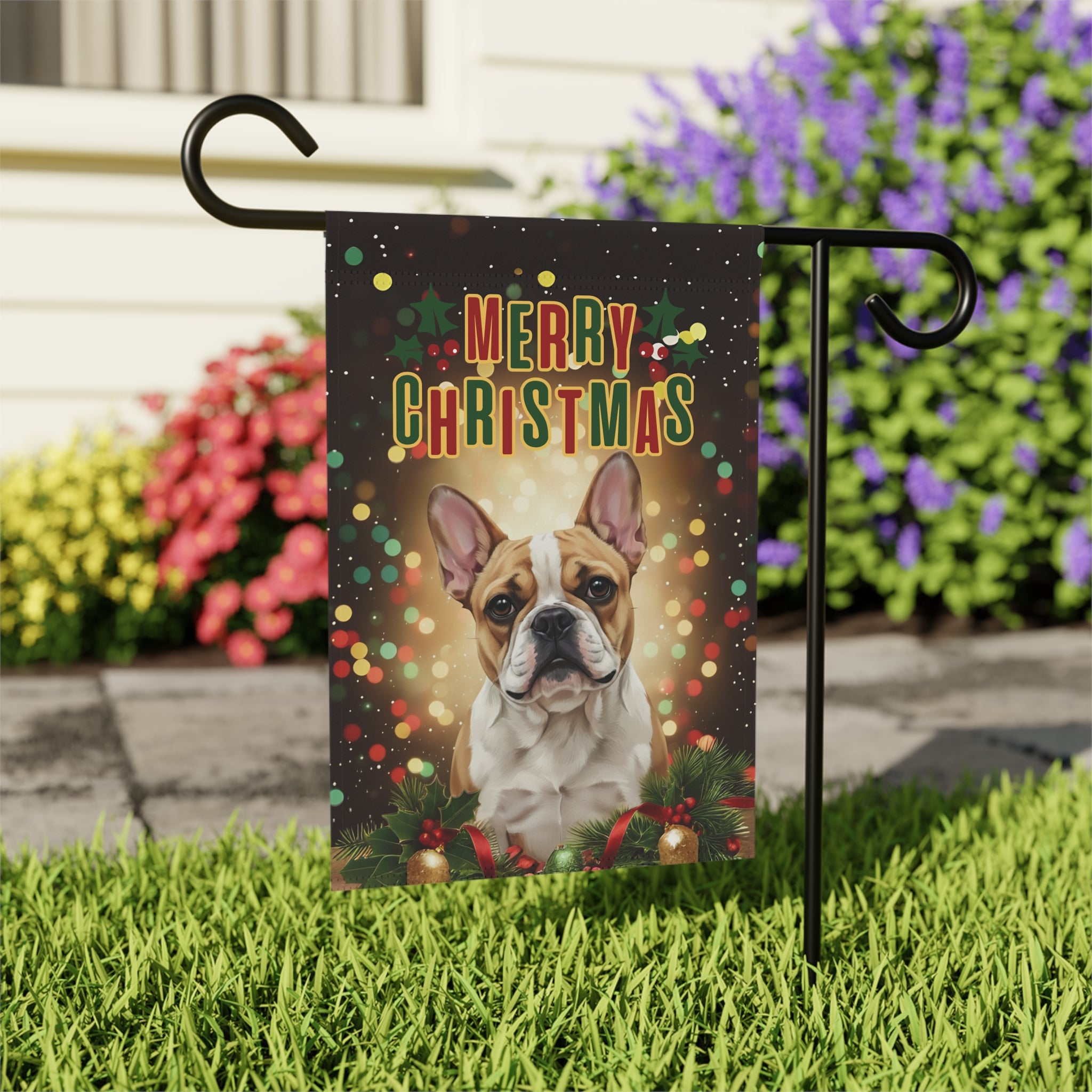 Merry Christmas in Lights French Bulldog Garden Flag - close-up detail - Dragonfire Gardens