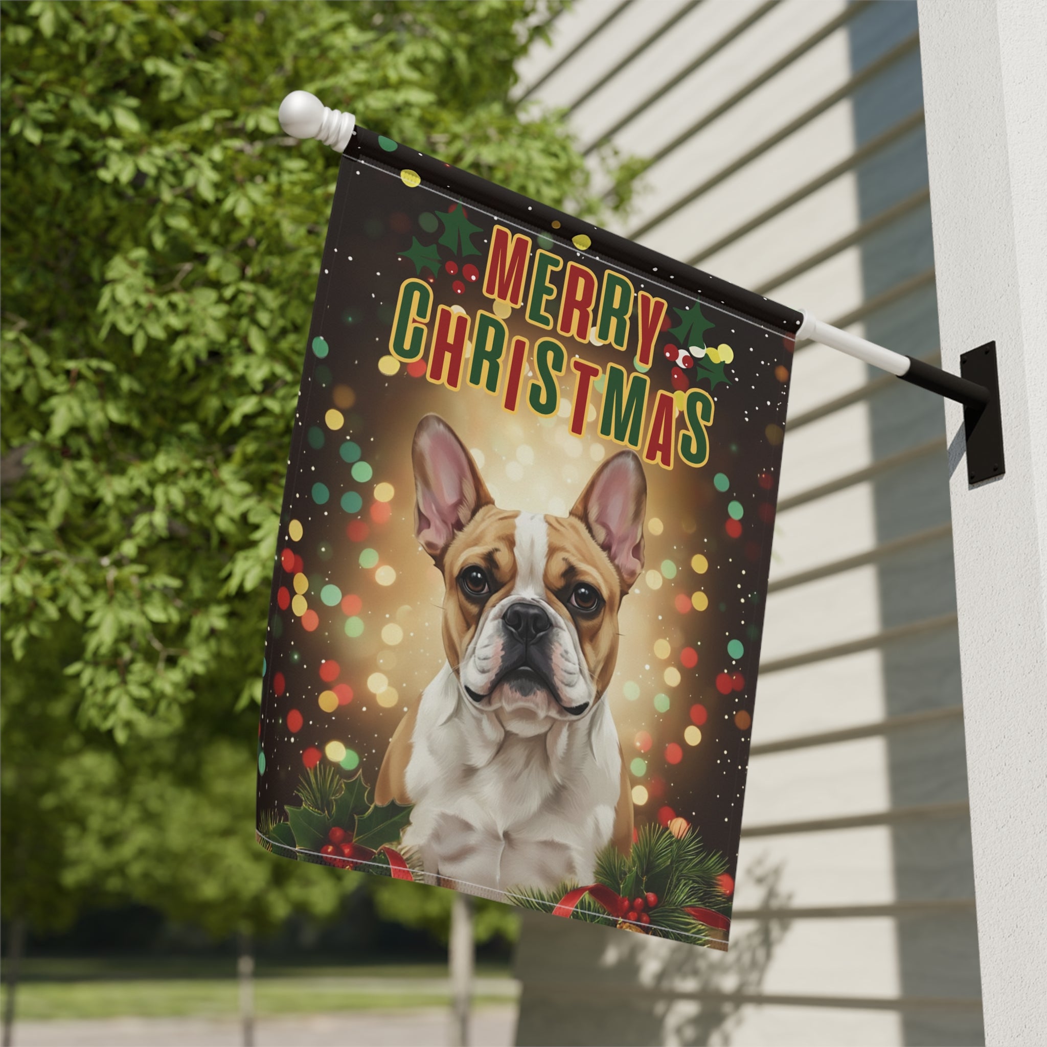 Merry Christmas in Lights French Bulldog Garden Flag - double-sided design - Dragonfire Gardens
