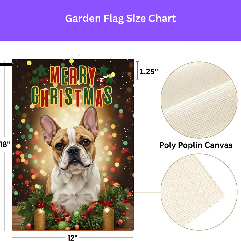 Merry Christmas in Lights French Bulldog Garden Flag - size comparison - Dragonfire Gardens