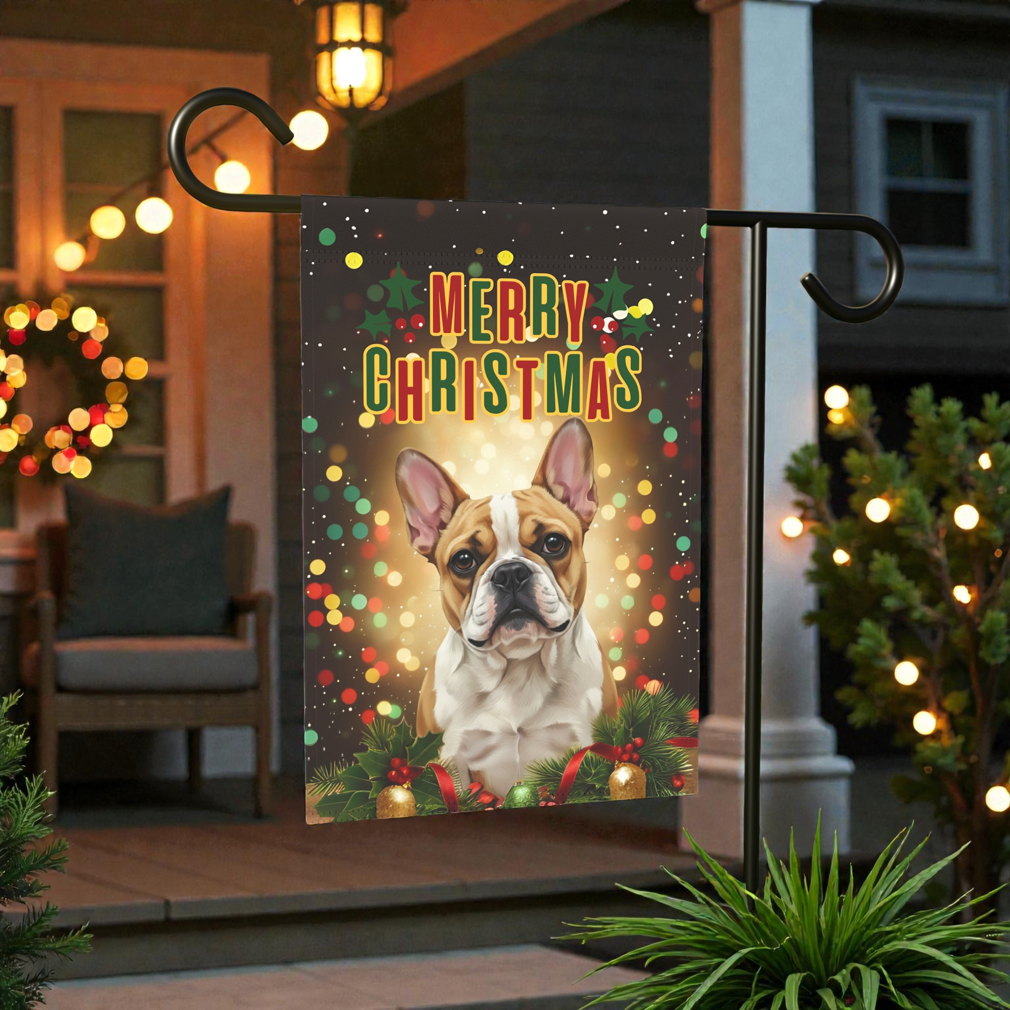 Merry Christmas in Lights French Bulldog Garden Flag - front view - Dragonfire Gardens