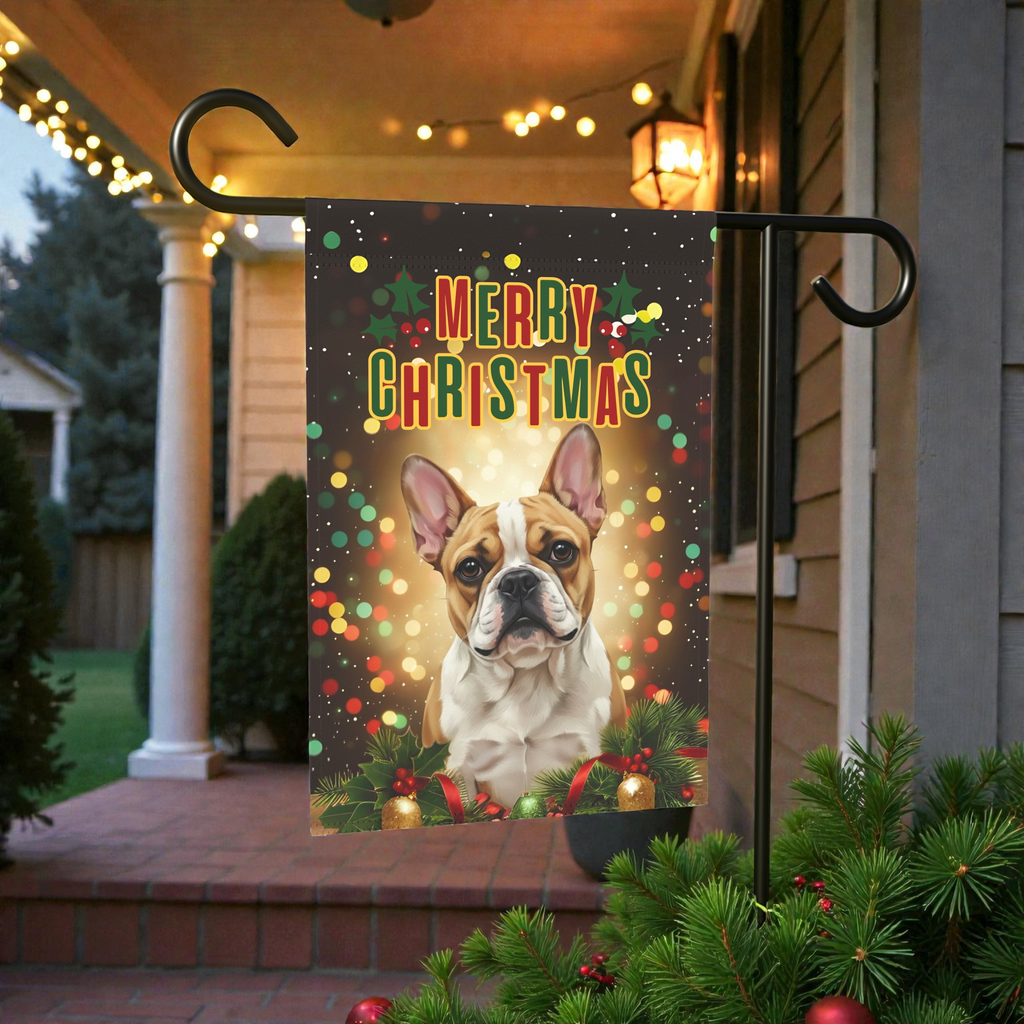 Merry Christmas in Lights French Bulldog Garden Flag - lifestyle display - Dragonfire Gardens