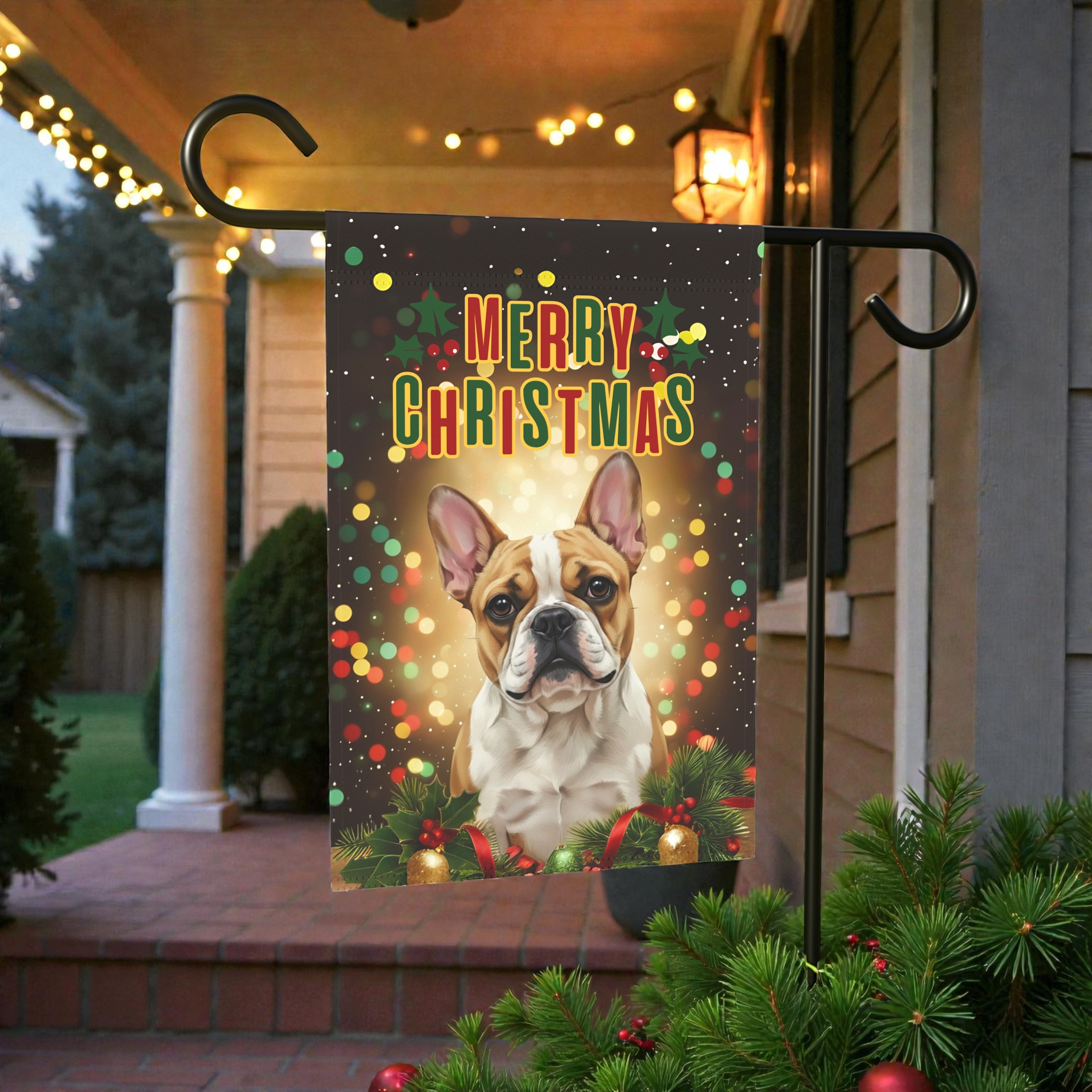 Merry Christmas in Lights French Bulldog Garden Flag - lifestyle display - Dragonfire Gardens