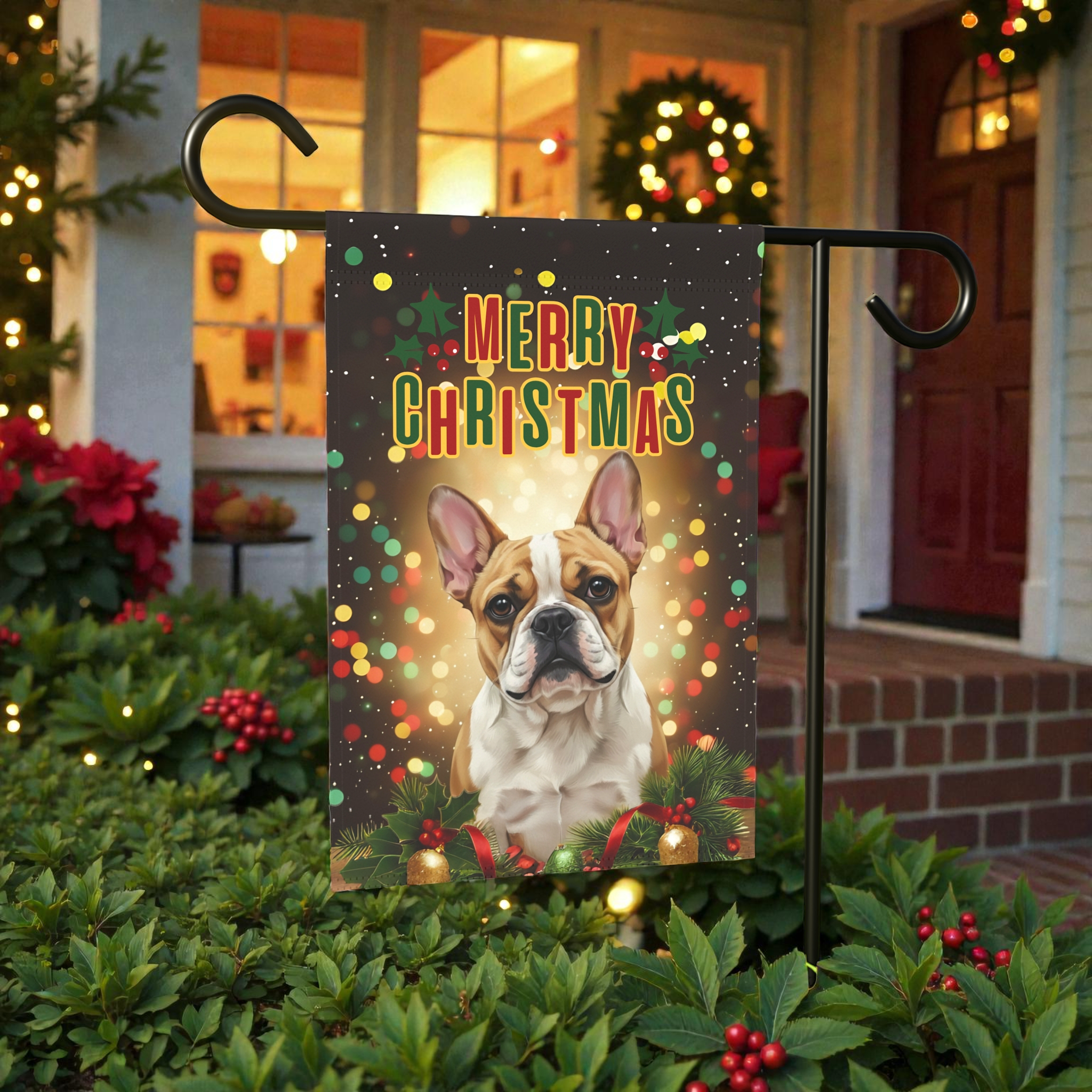 Merry Christmas in Lights French Bulldog Garden Flag - outdoor display - Dragonfire Gardens